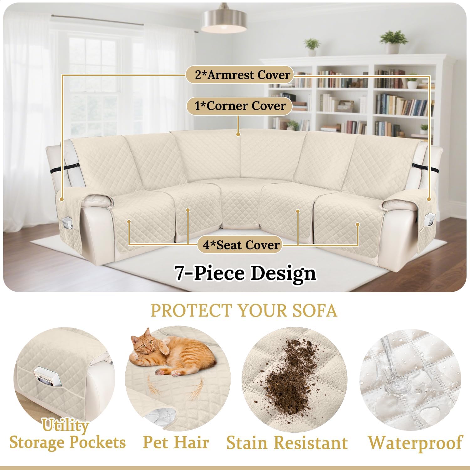 HDCAXKJ 100% Waterproof Velvet Recliner Sectional Couch Covers L Shaped Corner Reclining Sofa Cover Washable Thick Non Slip Sectional Slipcover with Pockets (5 Seat Recliner Couch, Beige)
