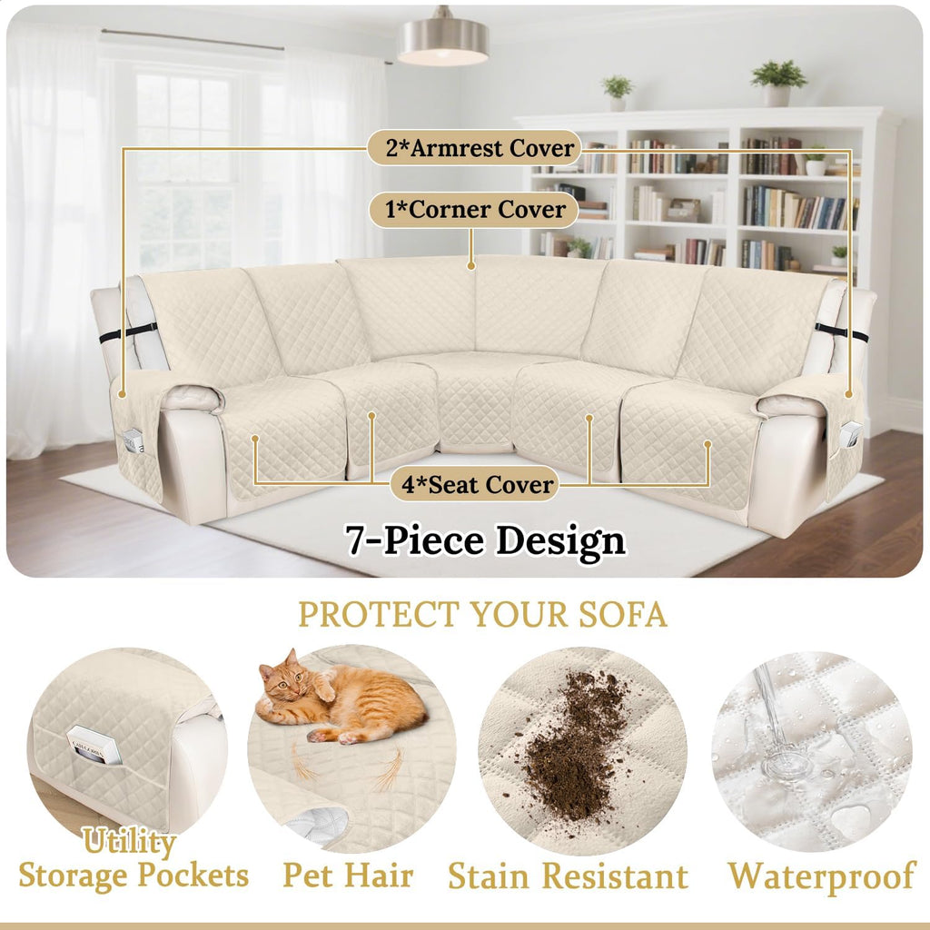 HDCAXKJ 100% Waterproof Recliner Sectional Couch Covers X-Large L Shaped Corner Reclining Sofa Cover Washable Thick Non Slip Sectional Slipcover with Pockets (XL 5 Seat Recliner Couch, Beige)