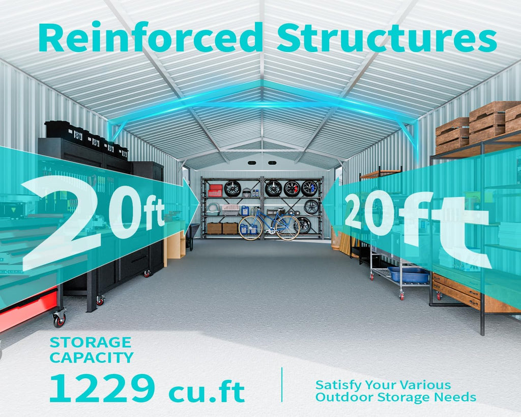20 x 10 FT Outdoor Storage Shed, Large Metal Garden Shed with 2 Lockable Doors, Tool Shed Outdoor Storage with 4 Air Vents, Garage Shed Waterproof for Car, Truck, Bike, Garbage Can, Tool, Dark Gray