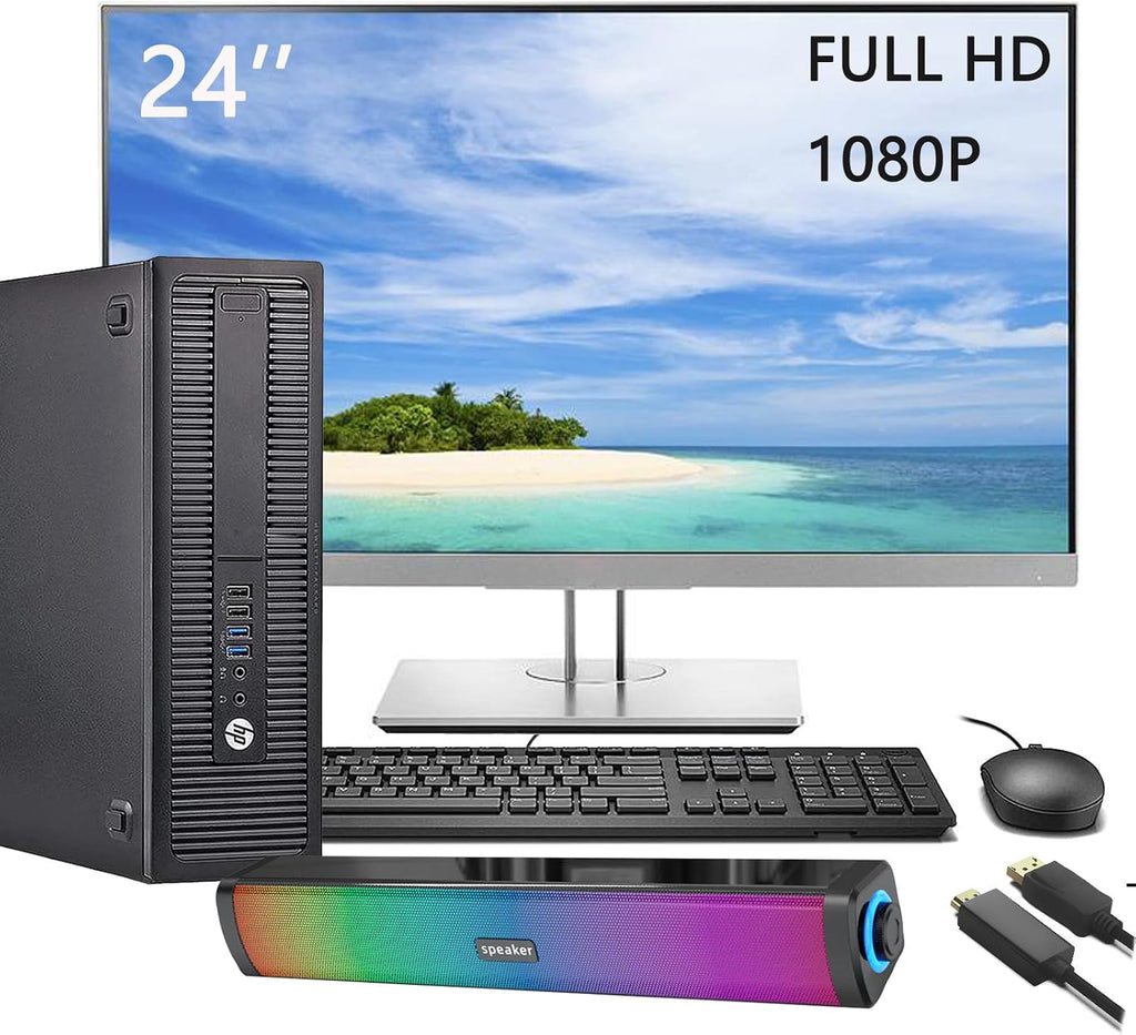 HP EliteDesk 800 G2 SFF Desktop PC Computer w/ 23.8' FHD Monitor & RGB Speakers Set, Core i7-6700, 16GB RAM, 256GB SSD, VGA, Displayport, RJ-45, WiFi, BT Windows 11 (Renewed)