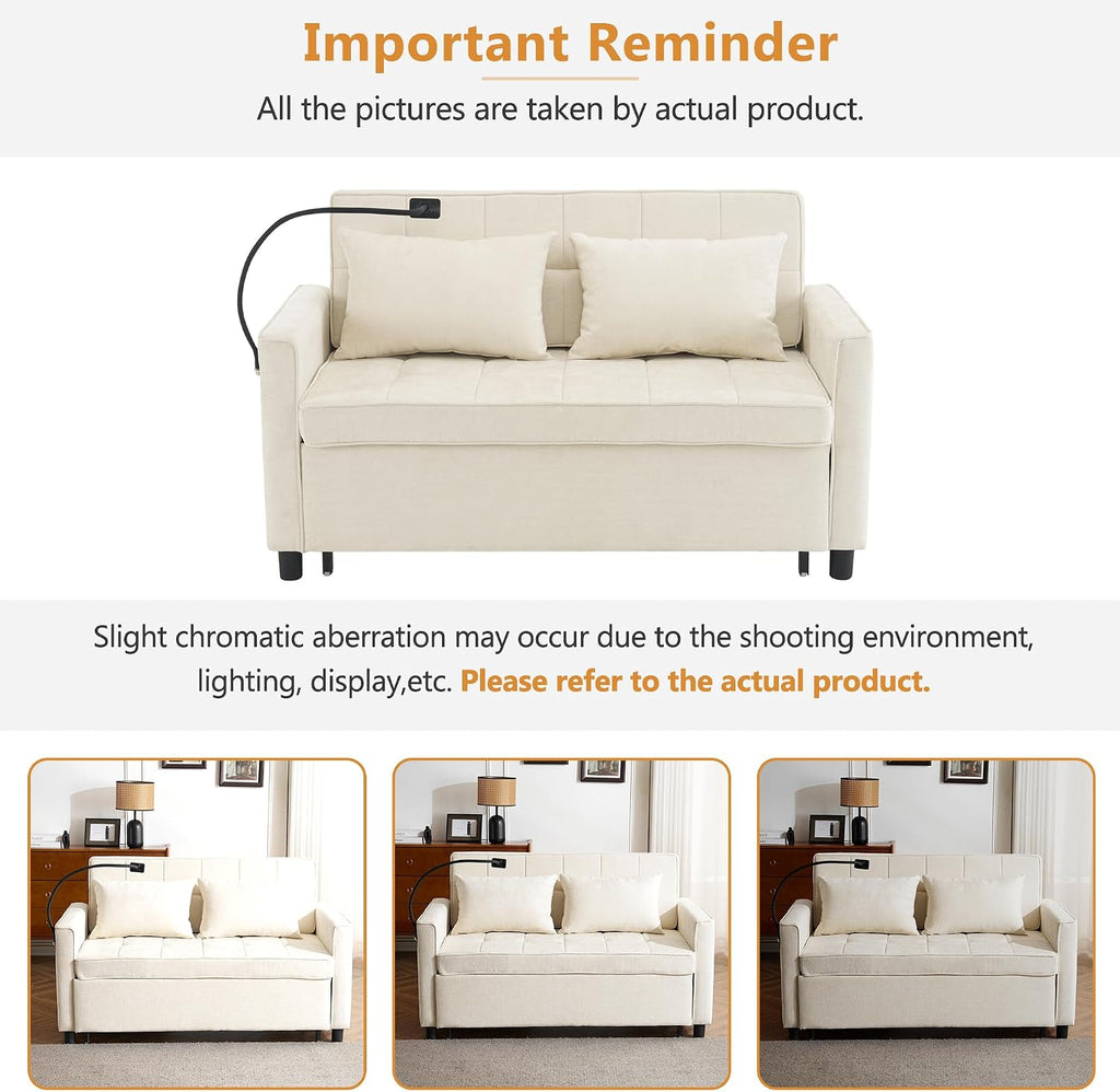 Merax Pull-Out Sleeper Sofa Bed with Reversible Backrest and Two Throw Pillows, 3 in 1 Foton Couch with USB Ports & Phone Holder, Chenille Loveseat for Living Room, Beige