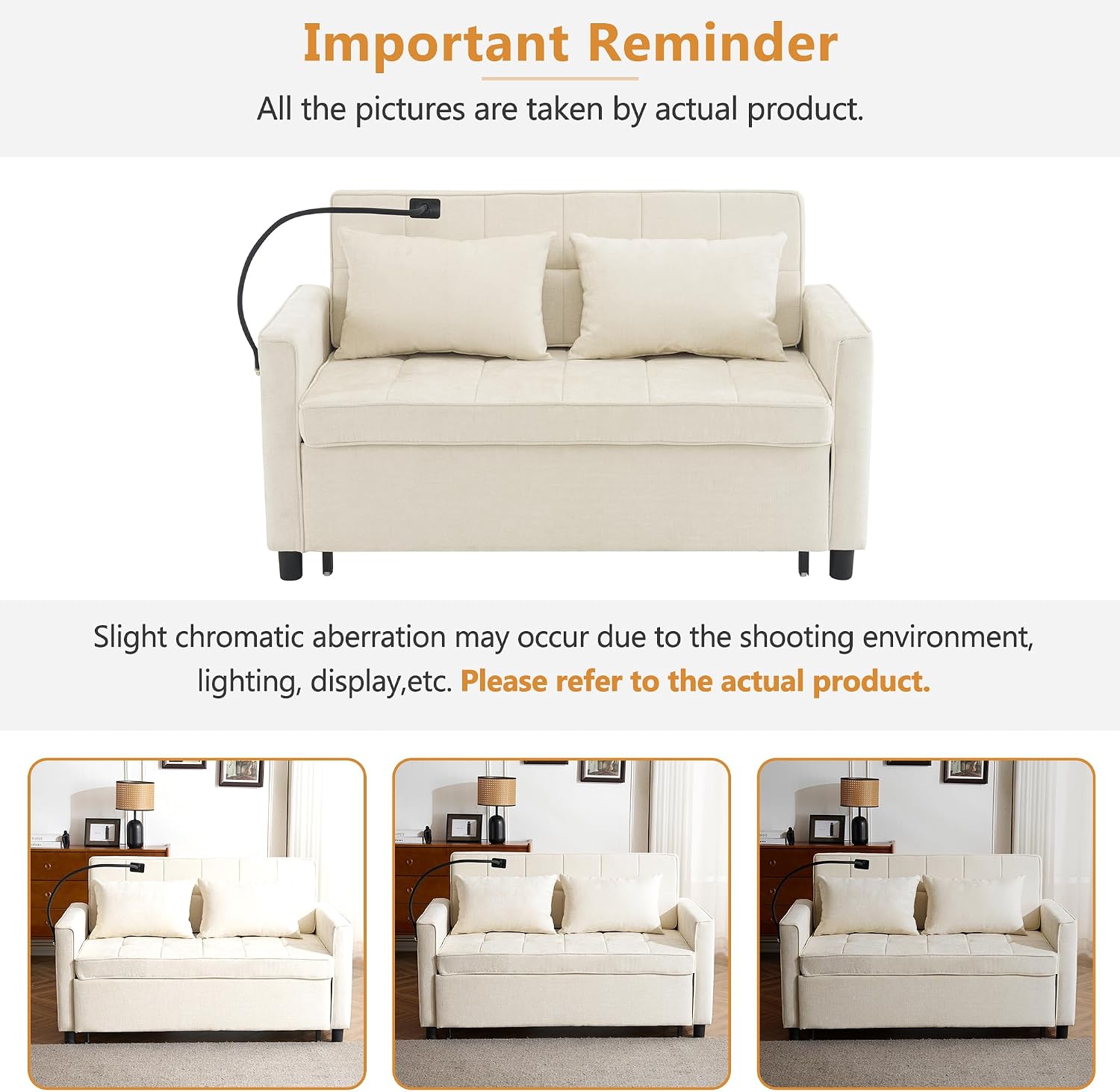 Merax Pull-Out Sleeper Sofa Bed with Reversible Backrest and Two Throw Pillows, 3 in 1 Foton Couch with USB Ports & Phone Holder, Chenille Loveseat for Living Room, Beige