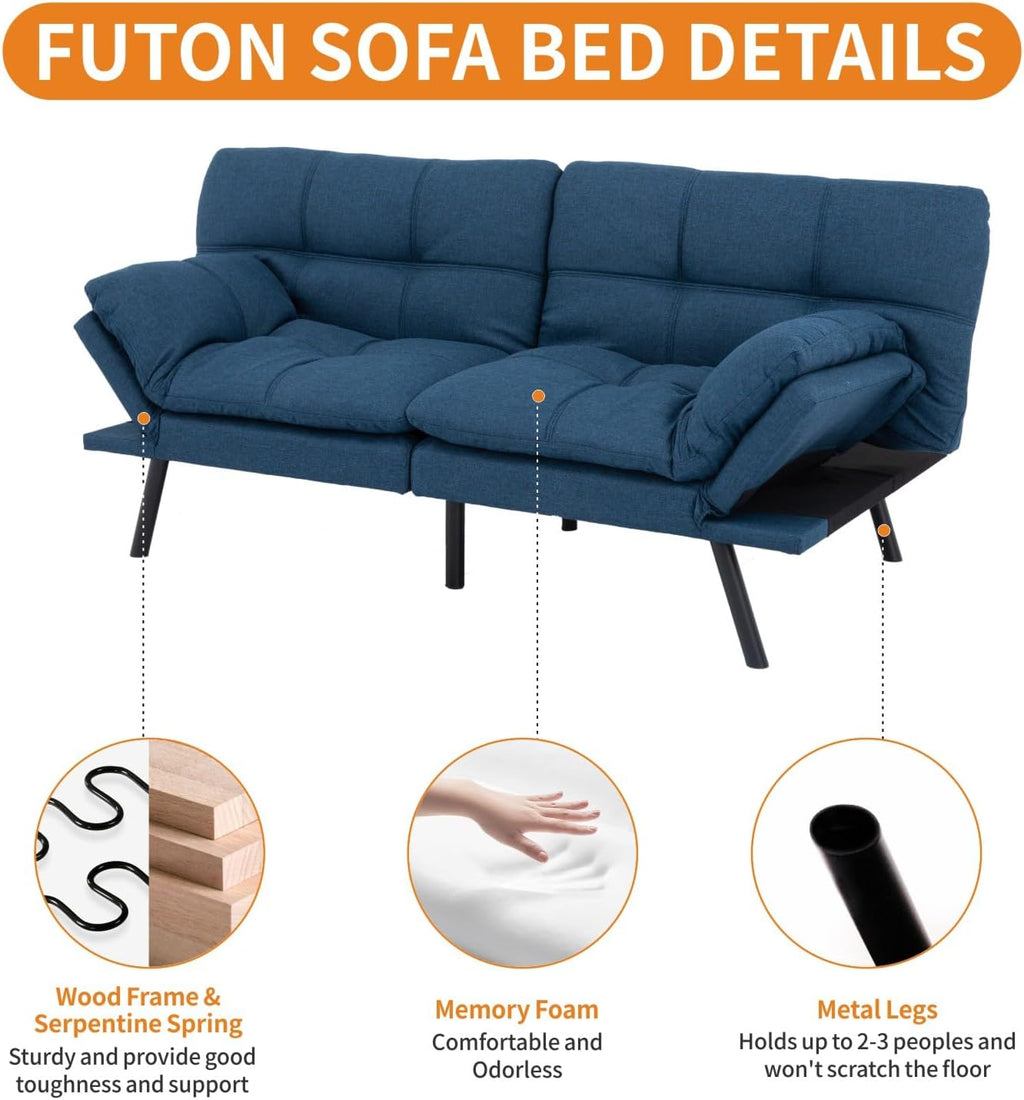 MUUEGM 71-Inch Convertible Futon Sofa Bed with Adjustable Backrest & Removable Armrests, Foldable Sleeper Loveseat for Small Space Living Room, Studio Apartment, Home Office，Blue
