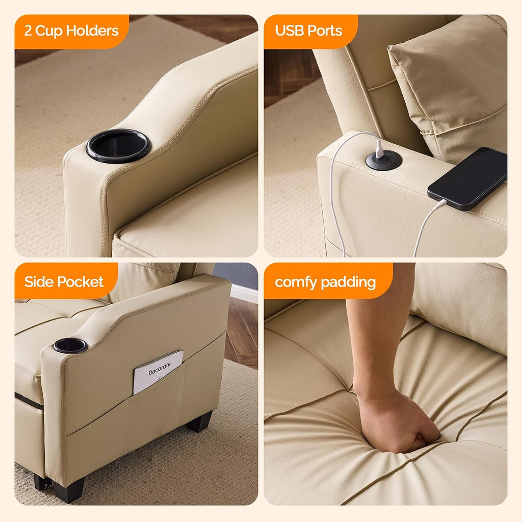 VINGLI Sofa Bed Chair Recliner, 3-in-1 Convertible Sleeper Sofa Chair Bed Beige Daybed Pull Out Couch Bed with Adjustable Backrest, USB Ports, Cup Holders for Small Spaces Living Room