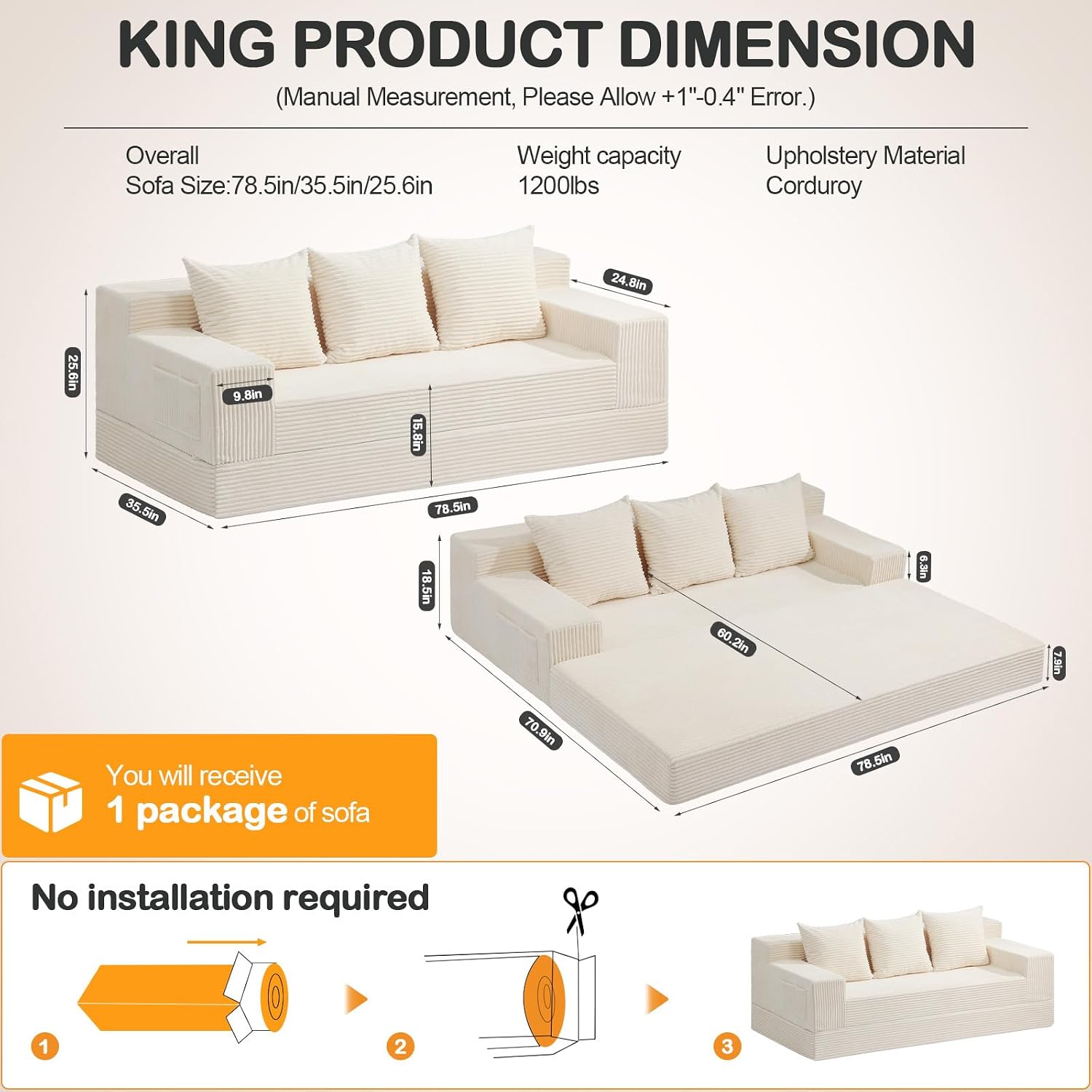 Erament Convertible Futon Sofa Bed Couch, 78'' Corduroy Folding Sofas Bed, Compression Boneless Floor Couch Sofa Beds with 3 Pillows for Living Room Bedroom Apartment