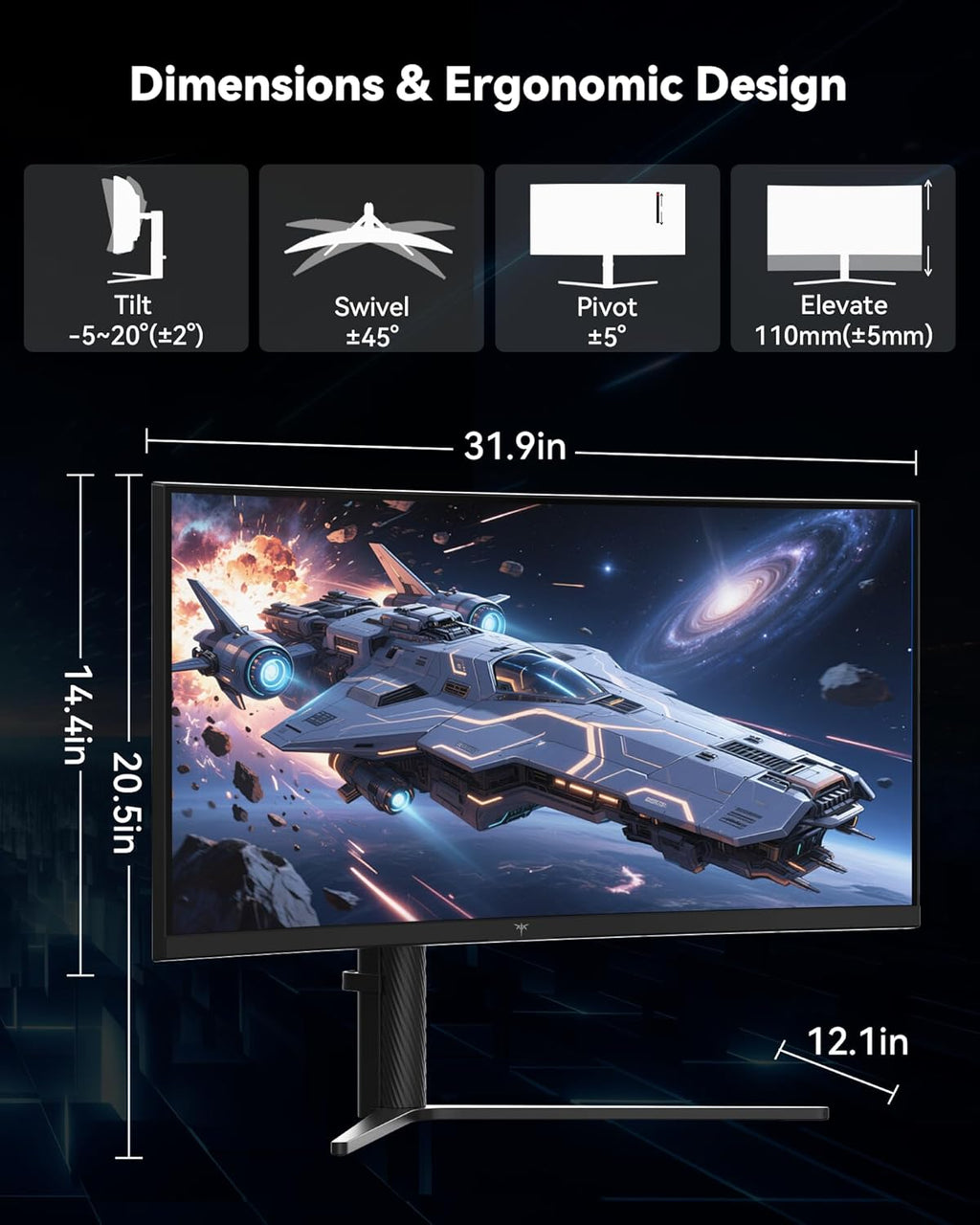 KTC 34 Inch UWQHD Curved Gaming Monitor, 3440x1440 Ultrawide 1500R, 180Hz 21:9 Display, 1ms, 4000:1 Contrast, Tilt/Swivel/Pivot/Height Adjust, HDMI2.0 & DP1.4,H34S5 (Renewed)