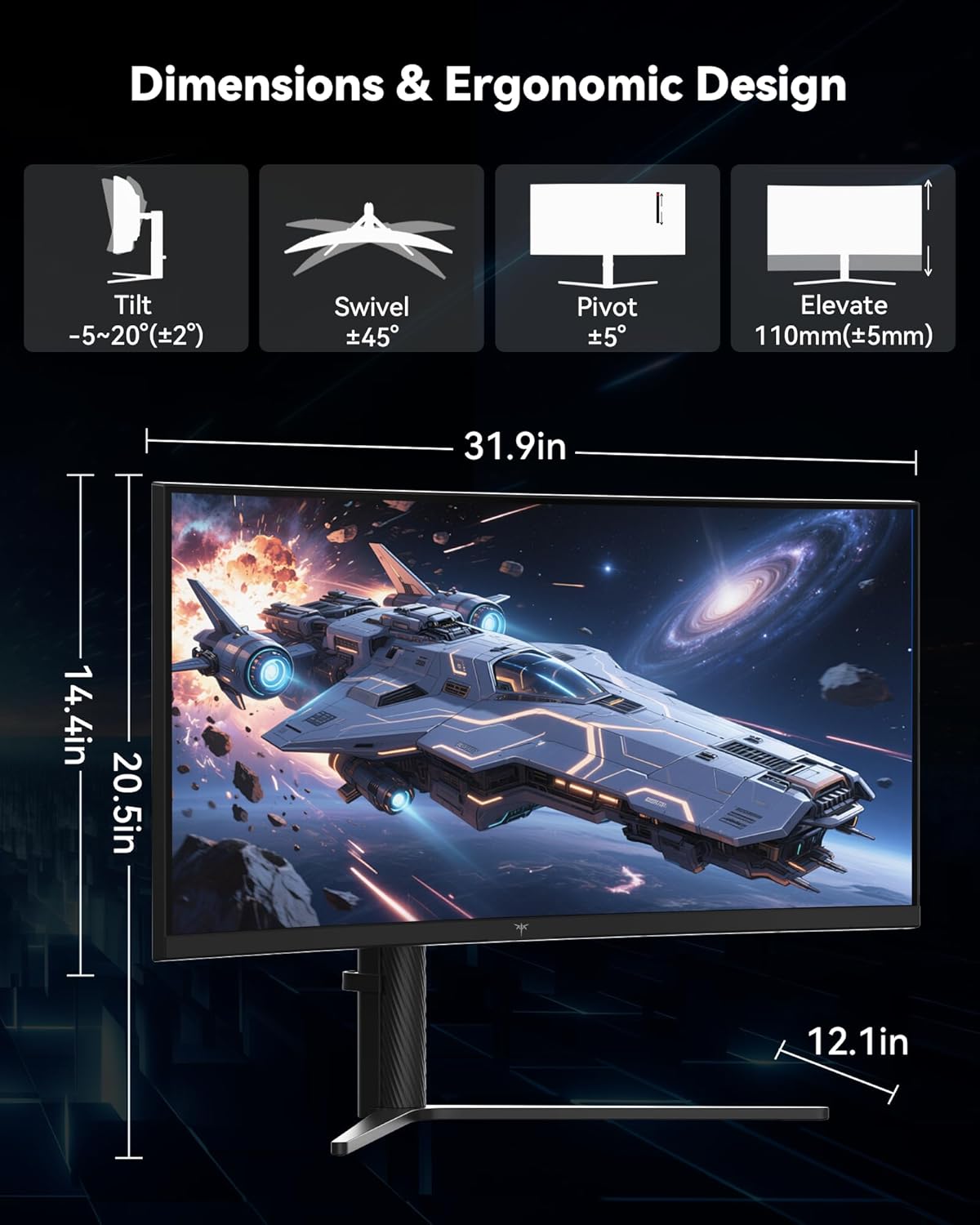 KTC 34 Inch UWQHD Curved Gaming Monitor, 3440x1440 Ultrawide 1500R, 180Hz 21:9 Display, 1ms, 4000:1 Contrast, Tilt/Swivel/Pivot/Height Adjust, HDMI2.0 & DP1.4,H34S5 (Renewed)