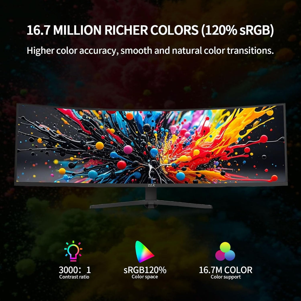 ZZA Ultrawide 49 Inch Curved Monitor 5K Large Computer Monitor 165Hz, DQHD 5120×1440 Curved 1500R AMD FreeSync 120% sRGB Height Adjustable, HDMI 2.1 & DP 1.4, VESA Mount – Black