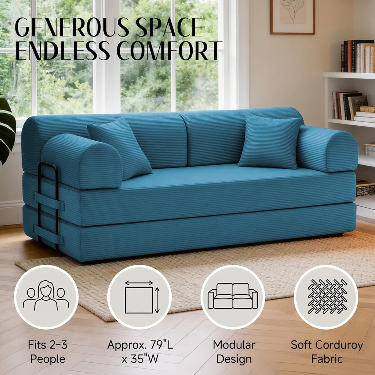 78.8' Convertible Sofa Bed with Detachable Arm Pillow, 6-in-1 Sectional Couches for Living Room, Corduroy Boneless Couch, Sleeper Loveseat Couch Bed, No Assembly, Azure Couch