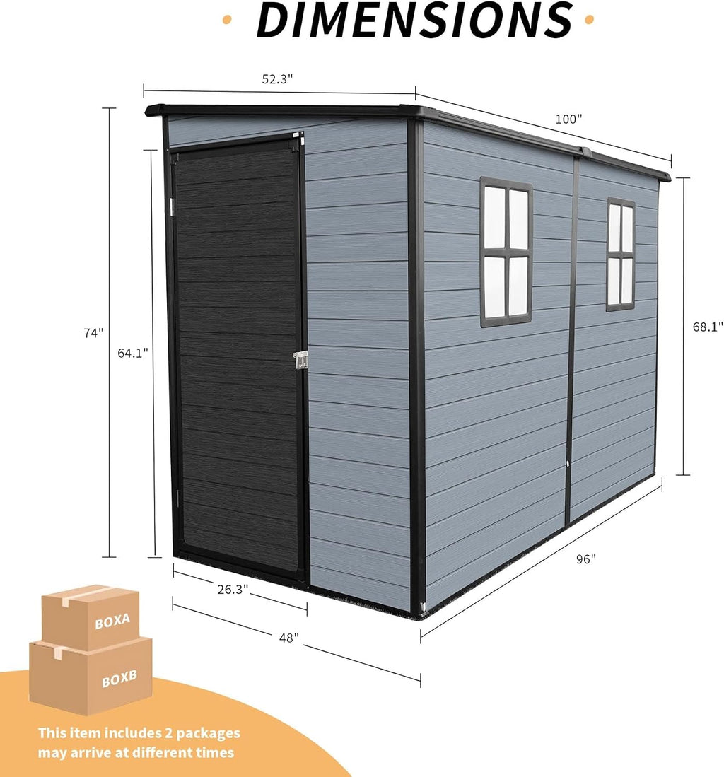 4x8FT Resin Outdoor Storage Shed with 2 Windows, Outdoor Storage Shed with Floor Lockable Door for Garden Tools, Bicycles, Trash Cans, Gray+Black (4x8 FT Steel)