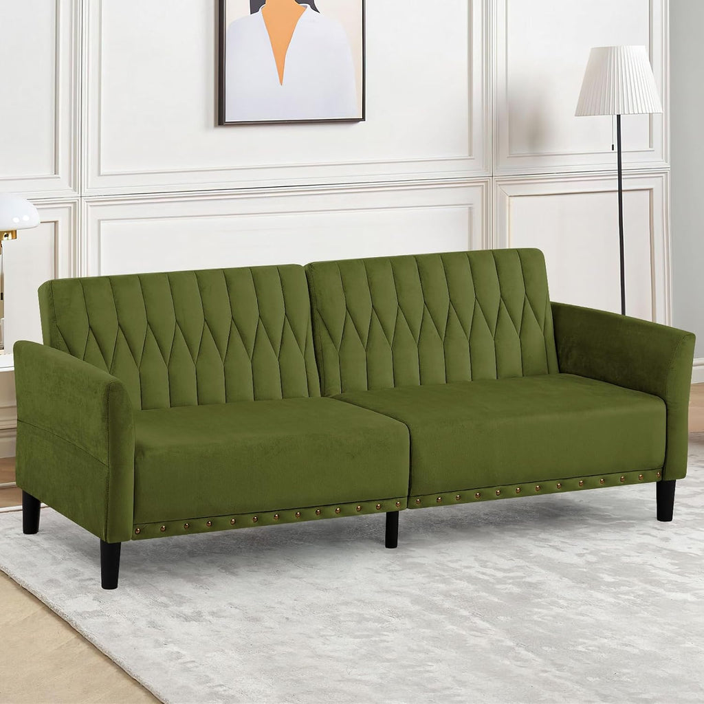 77' Velvet Sofa Bed with Adjustable Armrests and Backrests,Tufted Convertible Futon Couch with Nailhead Trim, Loveseat Modern Velvet Sleeper Sofa for Living Room,Bedroom,Office, Olive Green