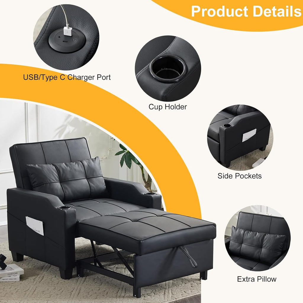 Karl home Sleeper Chair Convertible Sofa Bed with USB/Type C Ports 3-in-1 Pull Out Sofa Bed Adjustable Reading Chair with Cup Holders, PU Leather Black