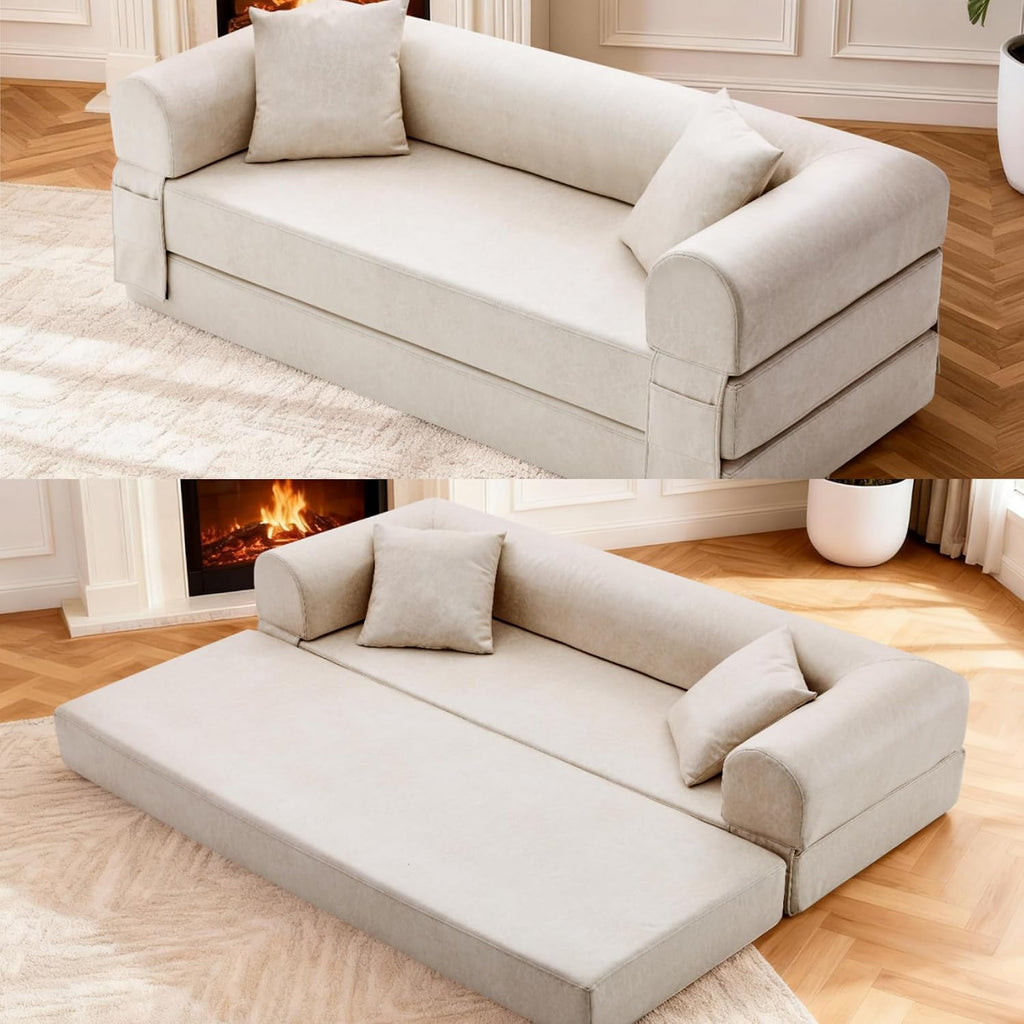 Convertible Sleeper Sofa Bed,78.5 Inch Faux Leather Futon Couch with Pillows & Storage Pocket,5-in-1 Folding Sofa Bed Queen with Pull Out Beds,Boneless Couches for Living Room,Couch in a Box,Beige