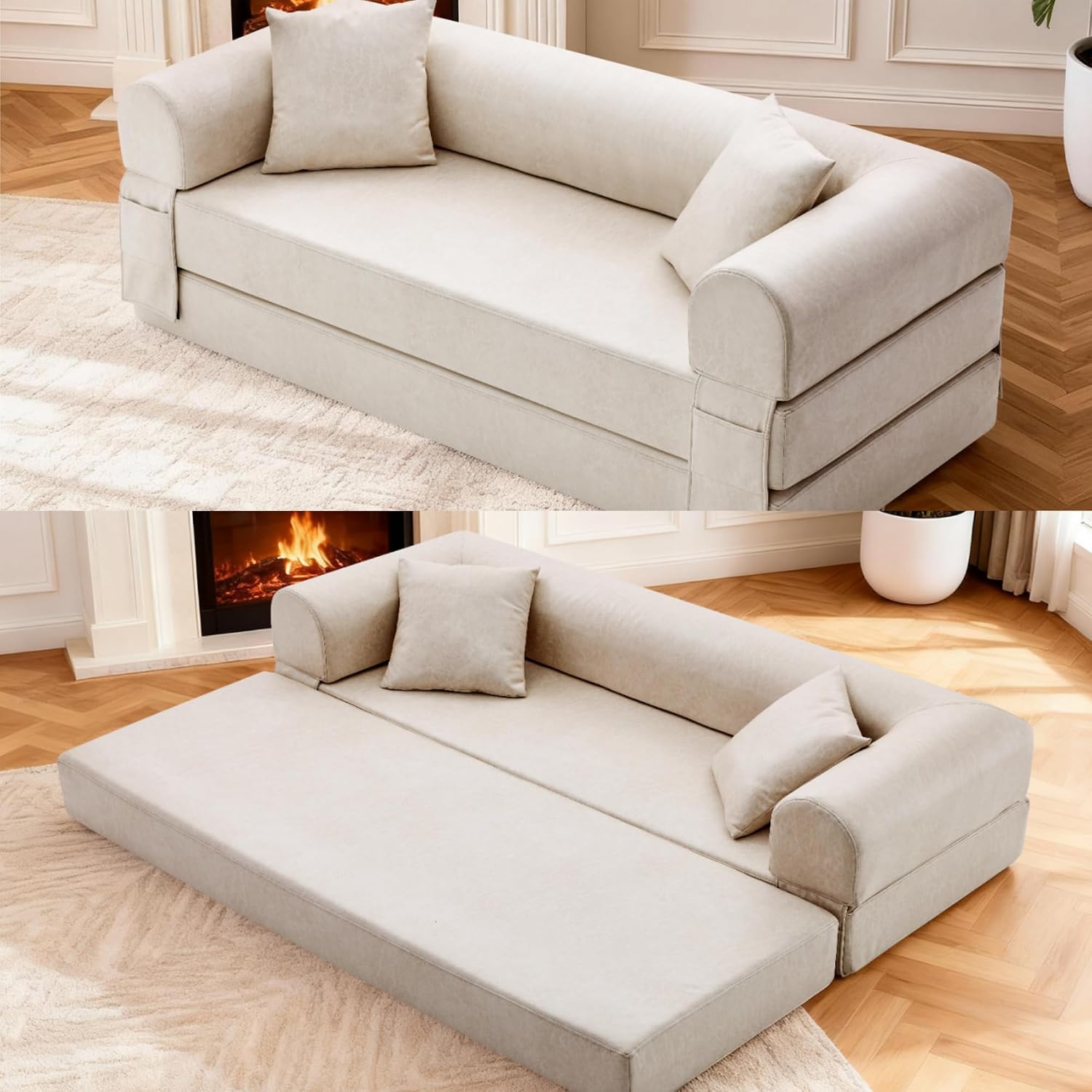 Convertible Sleeper Sofa Bed,78.5 Inch Faux Leather Futon Couch with Pillows & Storage Pocket,5-in-1 Folding Sofa Bed Queen with Pull Out Beds,Boneless Couches for Living Room,Couch in a Box,Beige