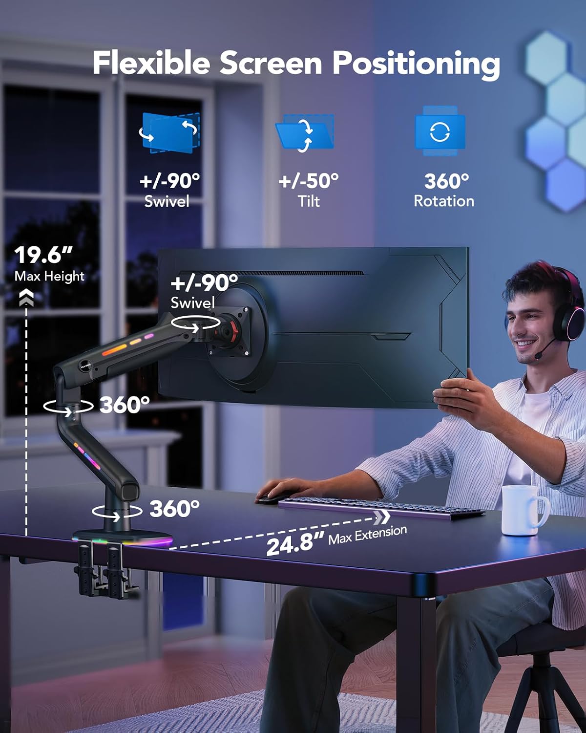 HUANUO TitanLift Monitor Arm for Ultrawide Screens up to 49″, Heavy-Duty Single Mount Holds 44 lbs, Fully Adjustable Gaming Monitor Arm with C-Clamp & Grommet Base, Max VESA 100 x 100mm, RGB