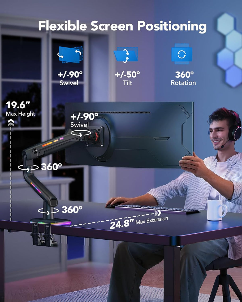 HUANUO 45 inch Monitor Arm, Heavy Duty Single Monitor Mount Holds 44 lbs for Ultrawide/Curved/Gaming Screen, Fully Adjustable with C-Clamp & Grommet Base, Max VESA 100x100mm, RGB
