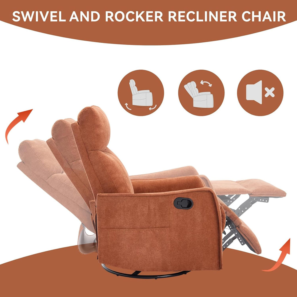 Massage Chair Recliner with Heat, 360° Swivel Glider Rocker with Reclining Backrest and Footrest, Manual Lazy Boy Recliners for Adults, Modern Nursery Rocking Chairs (Orange)
