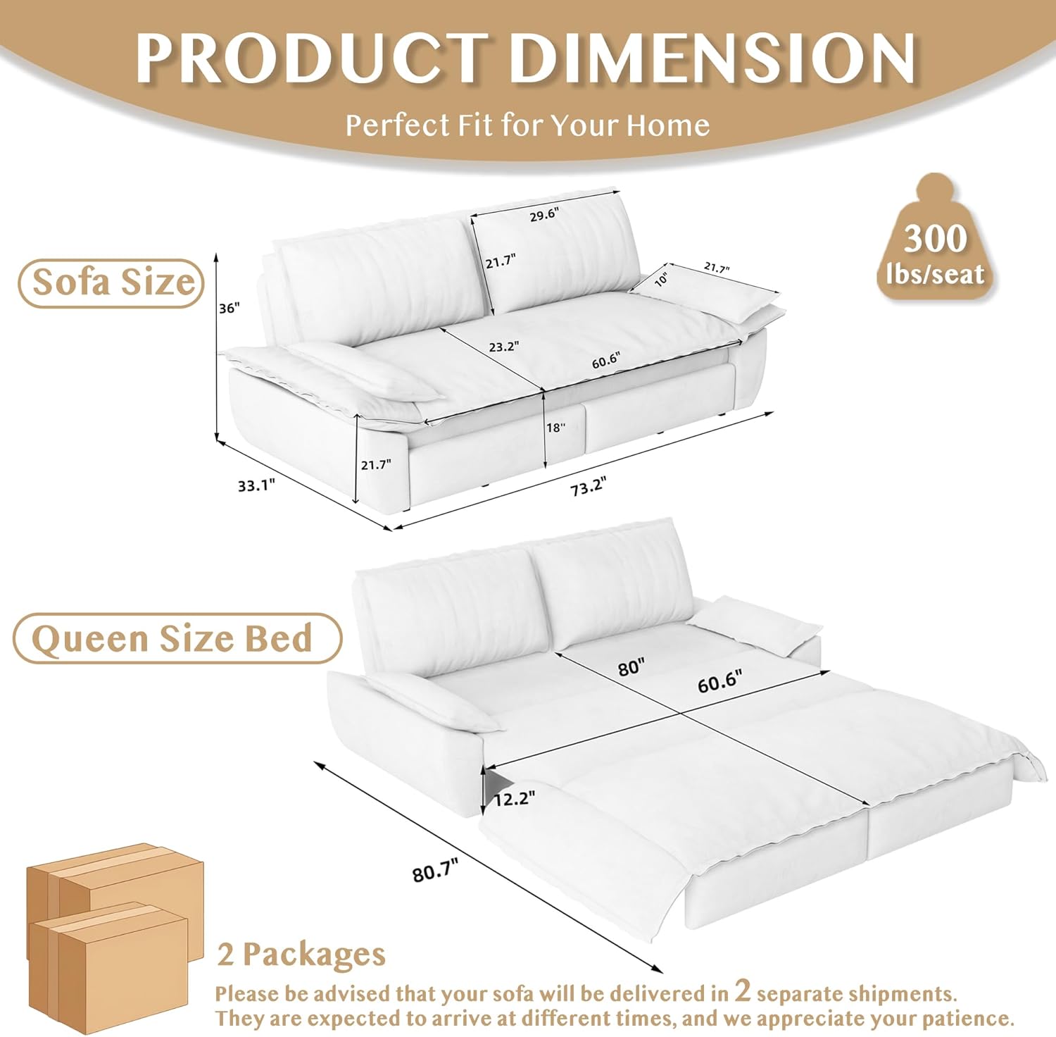 73.2' Sleeper Sofa Bed Queen, 3-in-1 Convertible Couch, Modern Pull Out Couches, Comfy Corduroy Futon Sofa, Cloud Loveseat Lounge, Pillow Arm for Small Spaces, Living Room, Apartment, Camel