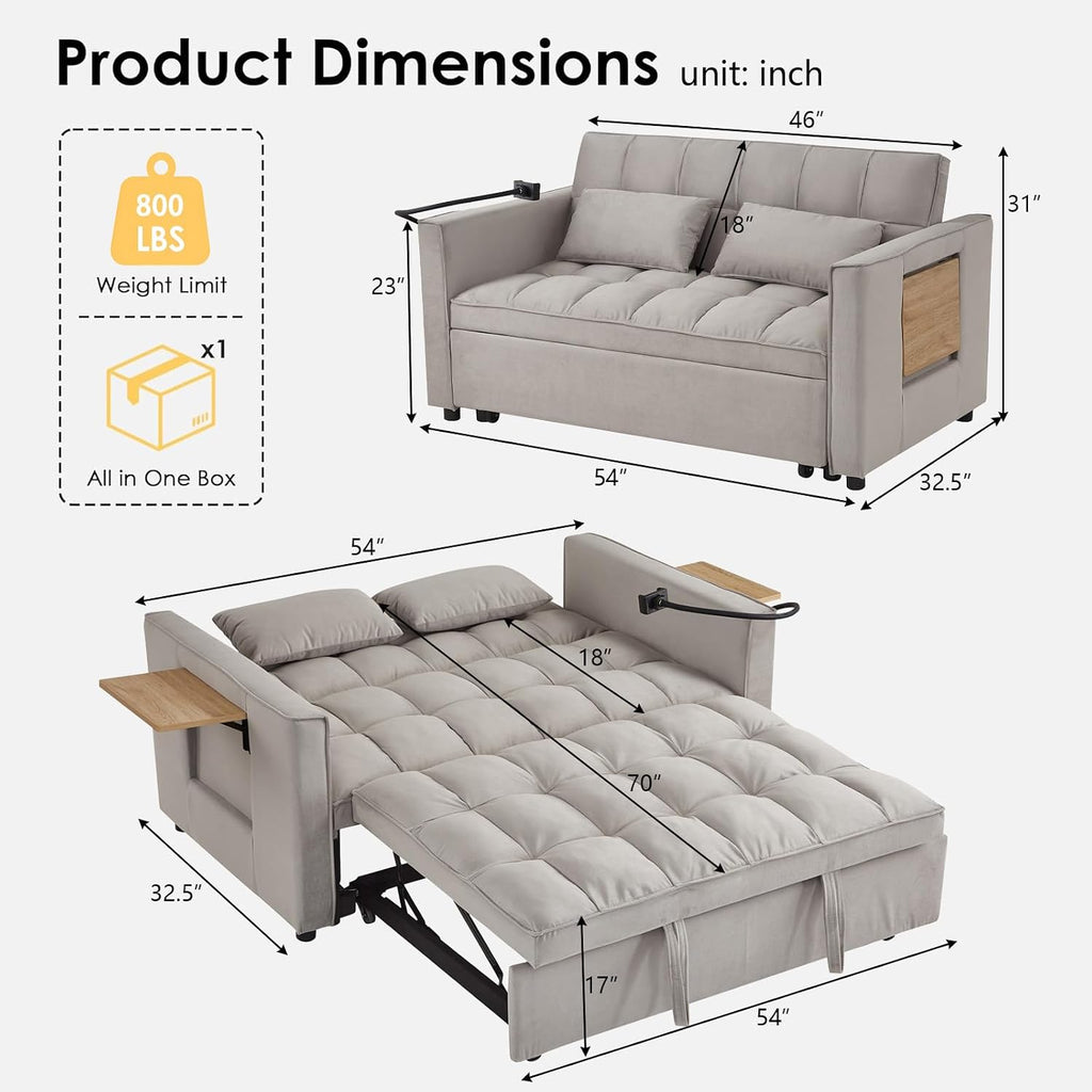 Convertible Velvet Sofa Bed with Pull-Out Bed & Side Storage Pockets, Modern Sleeper Sofa for Living Room, Apartment, Small Spaces, and Bedroom (Grey-3)