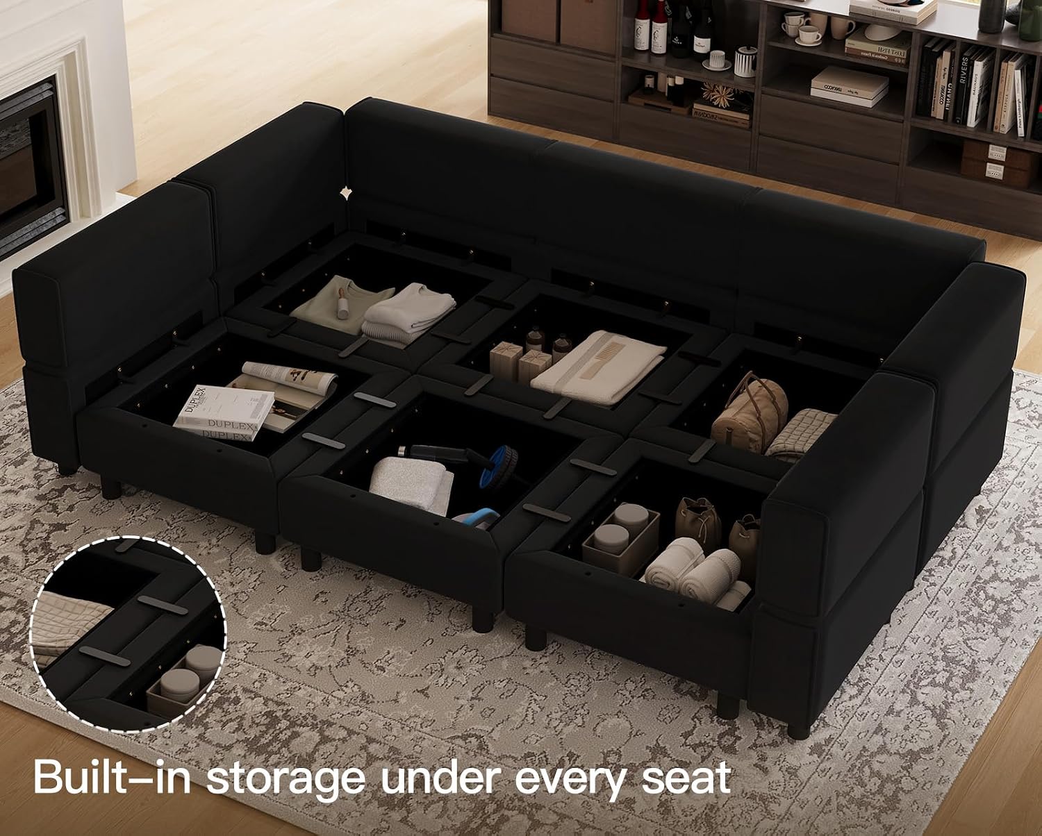 Belffin Modular Velvet Sectional Sofa with Chaise Lounge Sectional Sleeper Sofa with Storage Chaise Sofas Bed Couch for Living Room Black