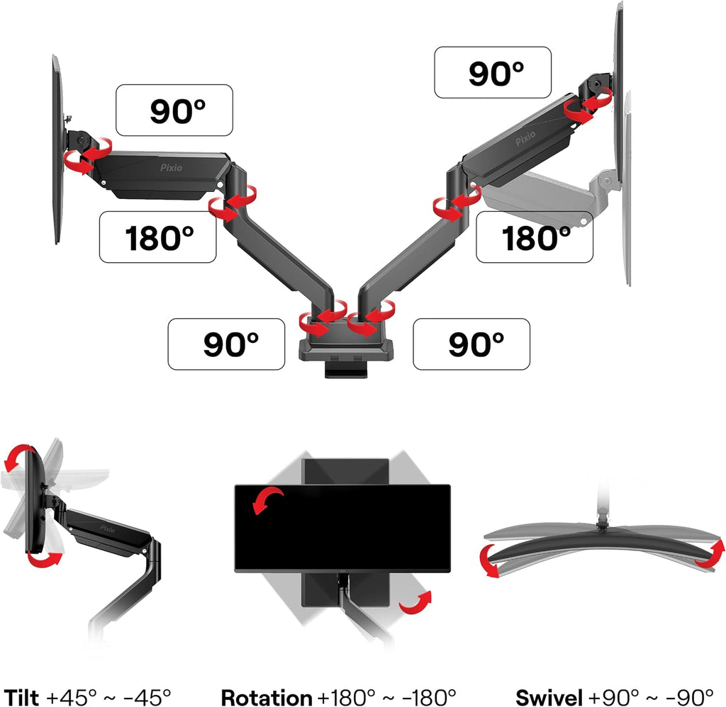 Pixio PS2D Ultrawide Heavy-Duty Premium Dual Monitor Arm Stand Desk Mount - Fits up to 35 inches Two Monitors, Weights up to 33 lbs Each, Height Adjustable, Compatible with VESA 75x75mm 100x100mm
