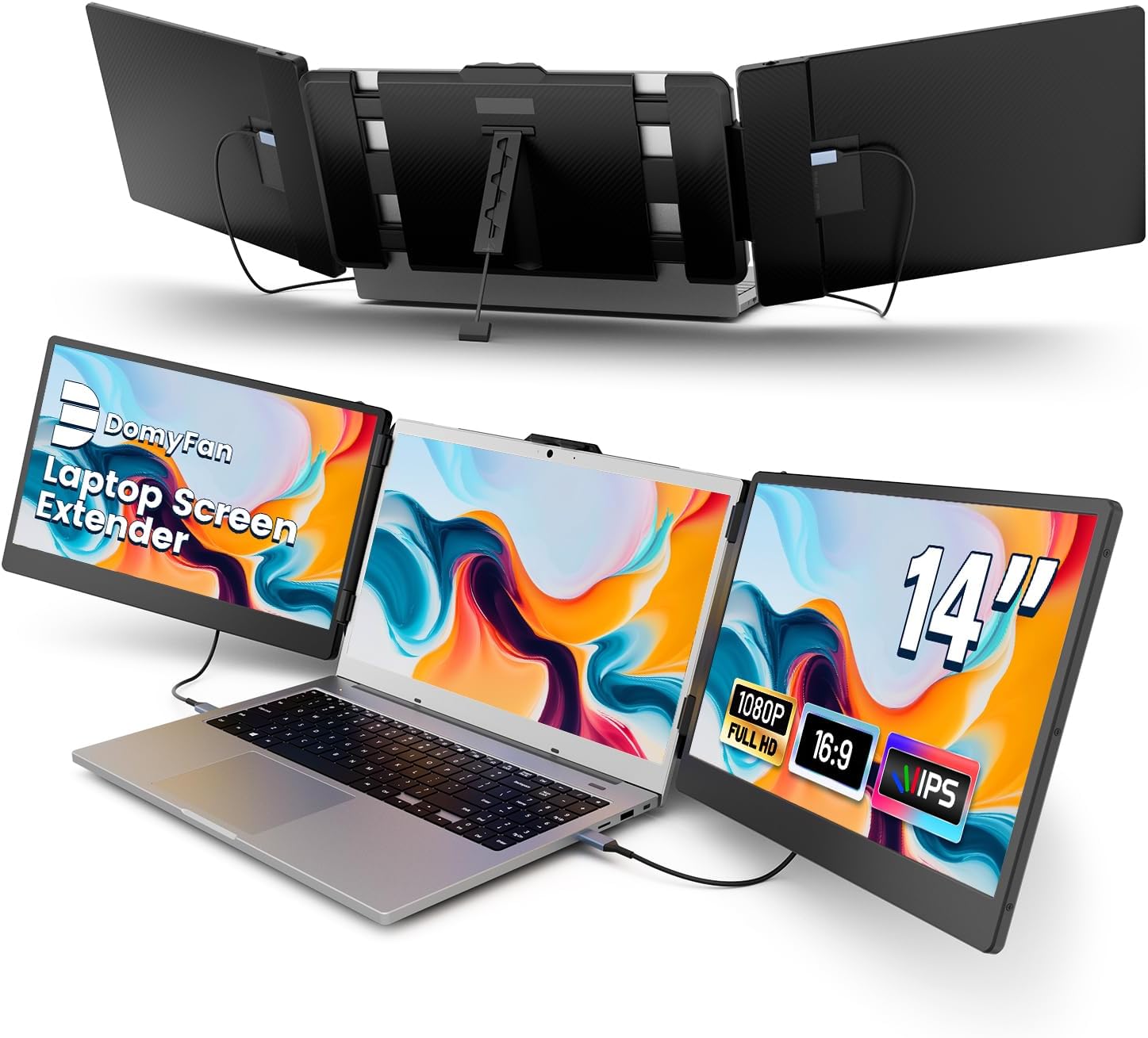 domyfan 14' Laptop Screen Extender, FHD 1080P IPS Triple Portable Monitor for Laptop, HDMI/USB-A/Type-C for Windows, Mac, Android, Chrome, Switch & PS5, Work with 13.3'-17' Laptops