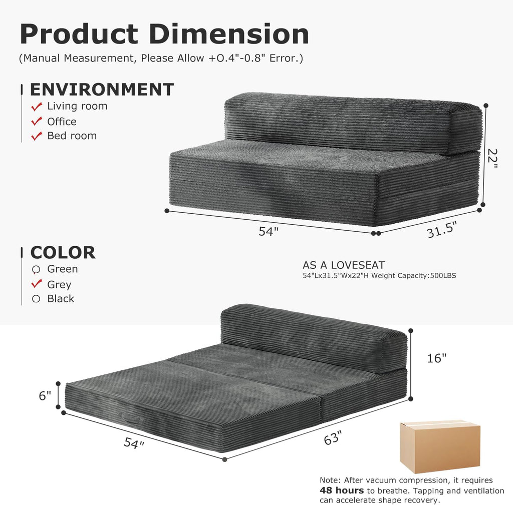 Folding Futon Sofa Bed Full Size, 6 inch Convertible Floor Couch Bed with Removable Corduroy Cover, Pull Out Couch for Small Spaces High-Density Foam,Grey