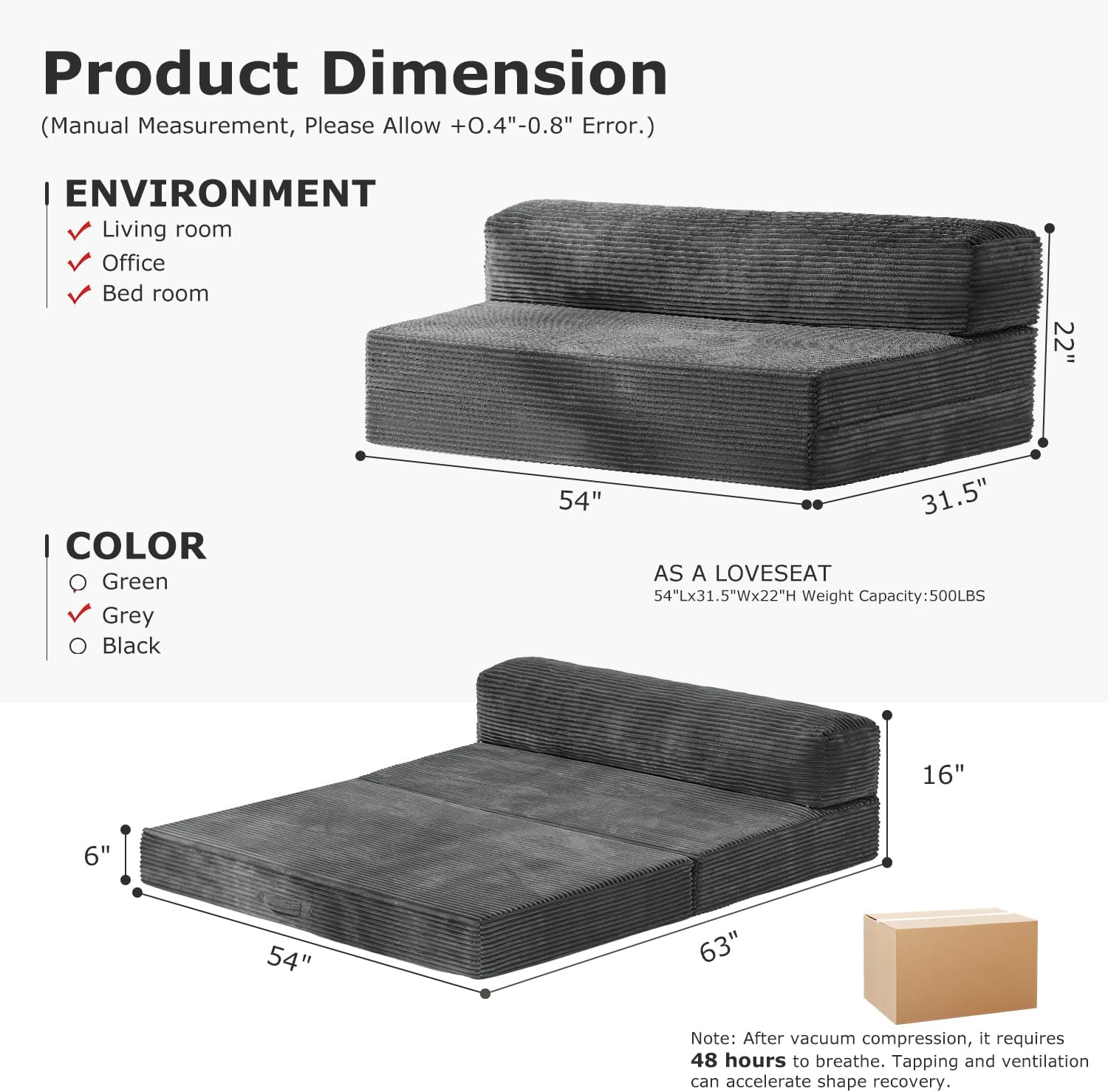 Folding Futon Sofa Bed Full Size, 6 inch Convertible Floor Couch Bed with Removable Corduroy Cover, Pull Out Couch for Small Spaces High-Density Foam,Grey