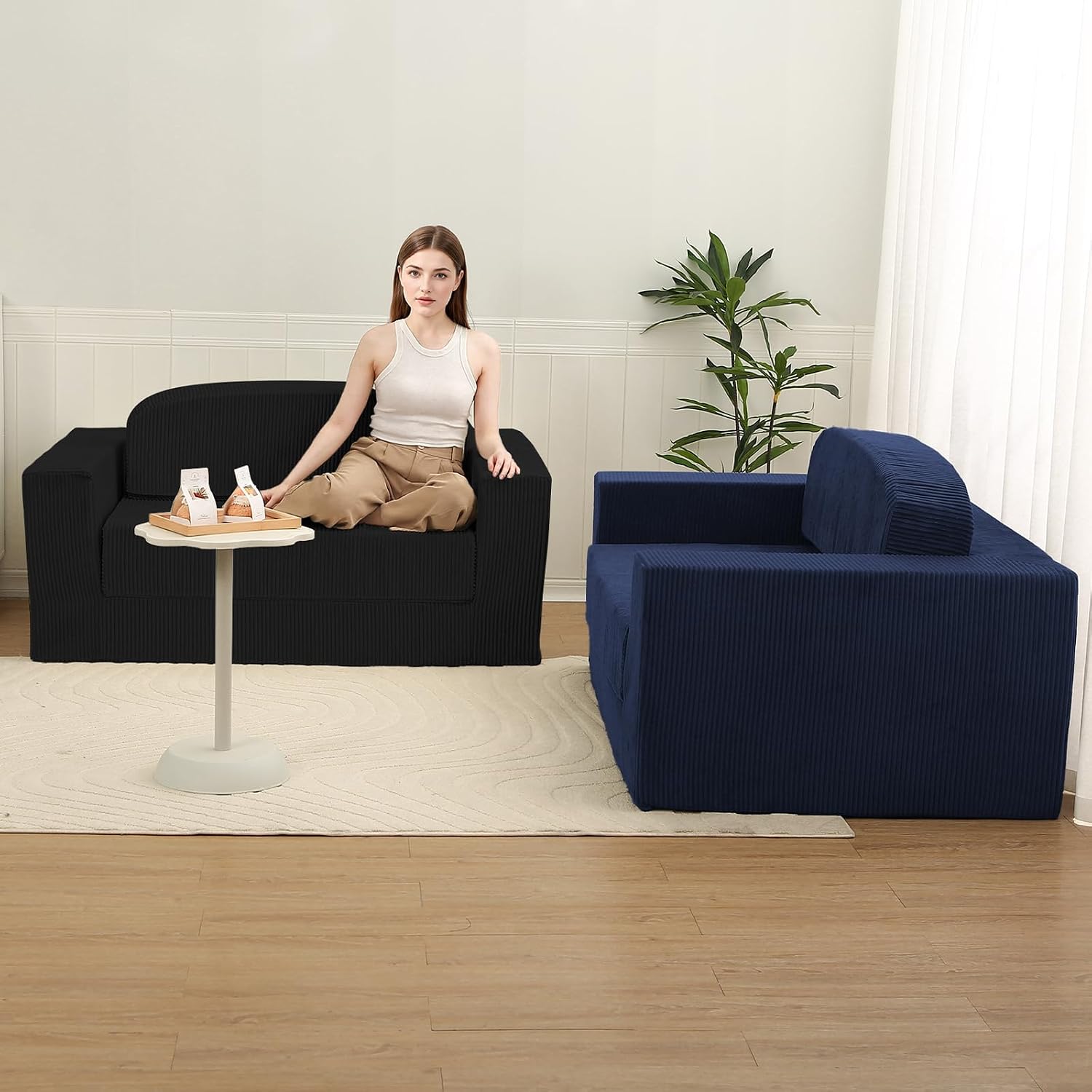 MeMoreCool Convertible Sofa Bed, Pull Out Loveseat Sleeper Sofa, Small Boneless Cloud Couch Bed for Adults, Fold Out Foam Love Seat Black, Corduroy Folding Floor Couch for Bedroom