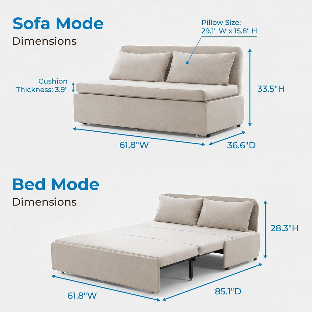 Mjkone 62' Width Pull Out Sleeper Sofa Bed Queen Size, 2-in-1 Modern Convertible Linen Sofa Sleeper Pull Out Couch Bed with Cushions & Throw Pillows for Living Room Home Office Small Place, Beige