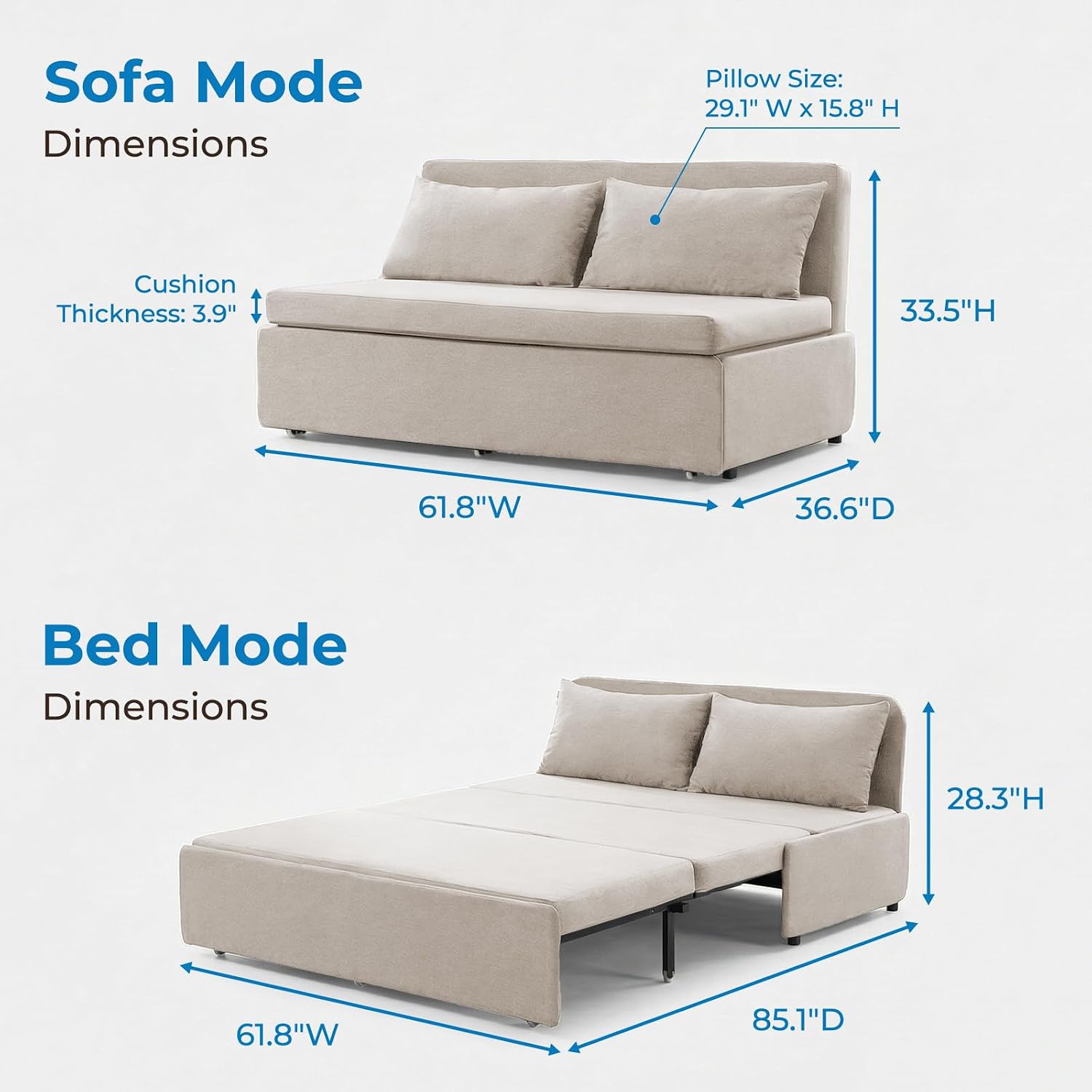 Mjkone 62' Width Pull Out Sleeper Sofa Bed Queen Size, 2-in-1 Modern Convertible Linen Sofa Sleeper Pull Out Couch Bed with Cushions & Throw Pillows for Living Room Home Office Small Place, Beige