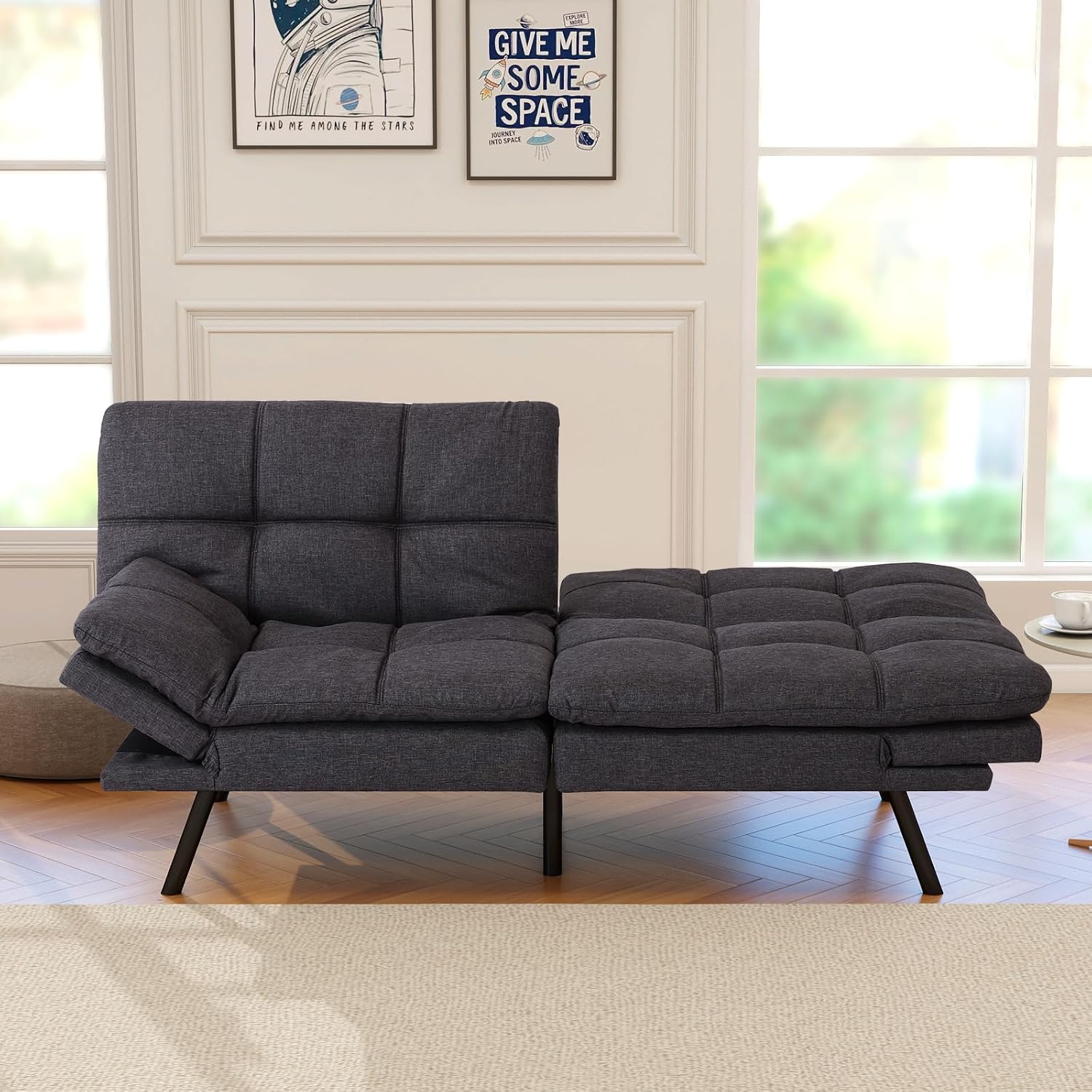 Opoiar Futon Sofa Bed Modern Memory Foam Sleeper Sofa Convertible Grey Couch Adjustable Armrest&Backrest Leather Futon for Living Space,Apartment,Office Sofabed