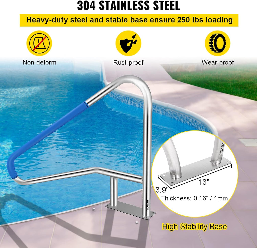 VEVOR Pool Rail 55x32 Pool Railing 304 Stainless Steel 250LBS Load Capacity Silver Rustproof Pool Handrail Humanized Swimming Pool Handrail with Blue Grip Cover & M8 Drill Bit & Self-Taping Screws