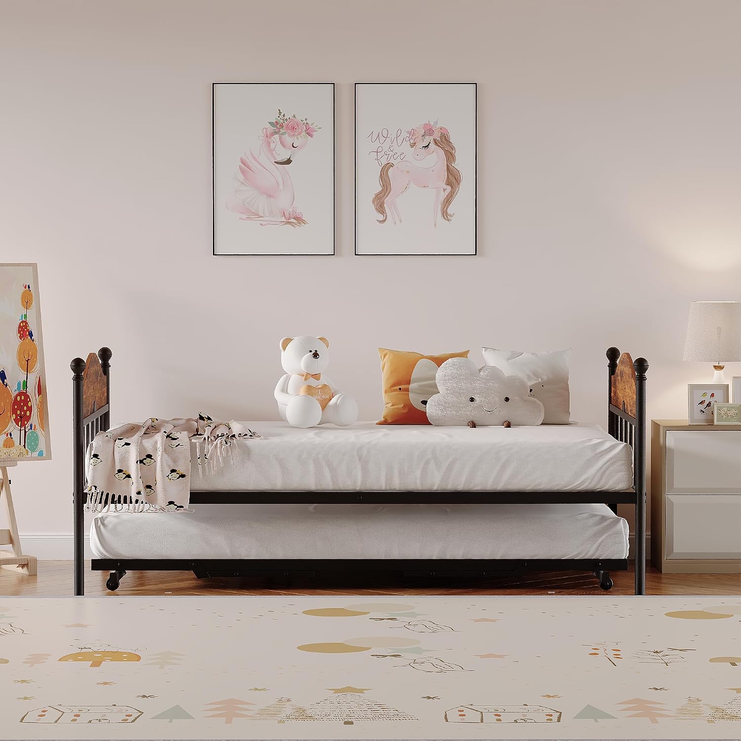 Daybed with Trundle, Metal Twin Size Day Bed with Stylish Headboard, Sofa BedFrame with Pop Up Foldable Trundle Bed, Heavy Duty Steel Slats Platform for Living Room, Bedroom and Guest Room, Brown