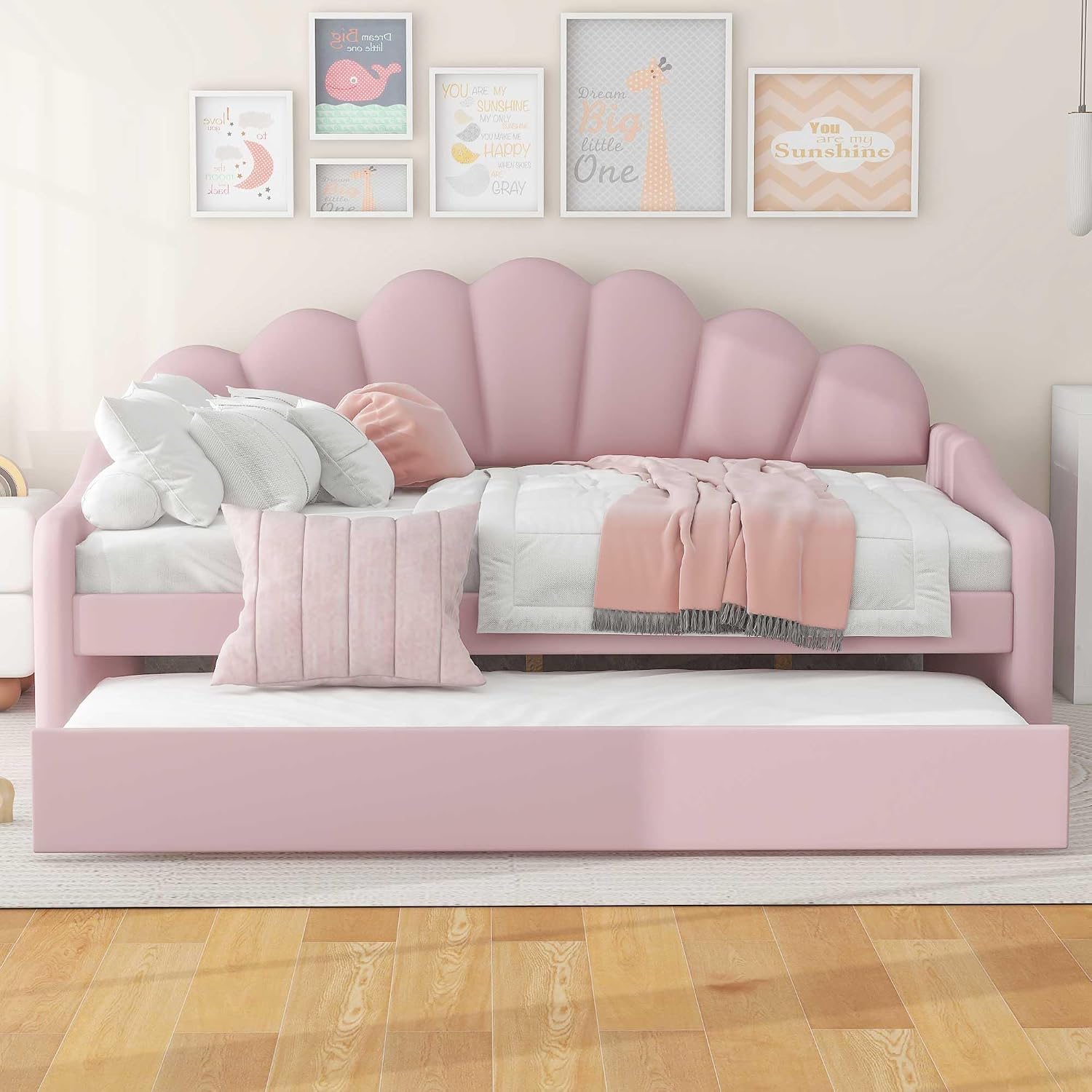 Bellemave Full Size daybed with Trundle, Sofa Bed Full Size, daybed with Trundle for Adults, Kids, Girls, Teens, Trundle Bed for Living Room, Velvet, Pink(Mattress not Included)