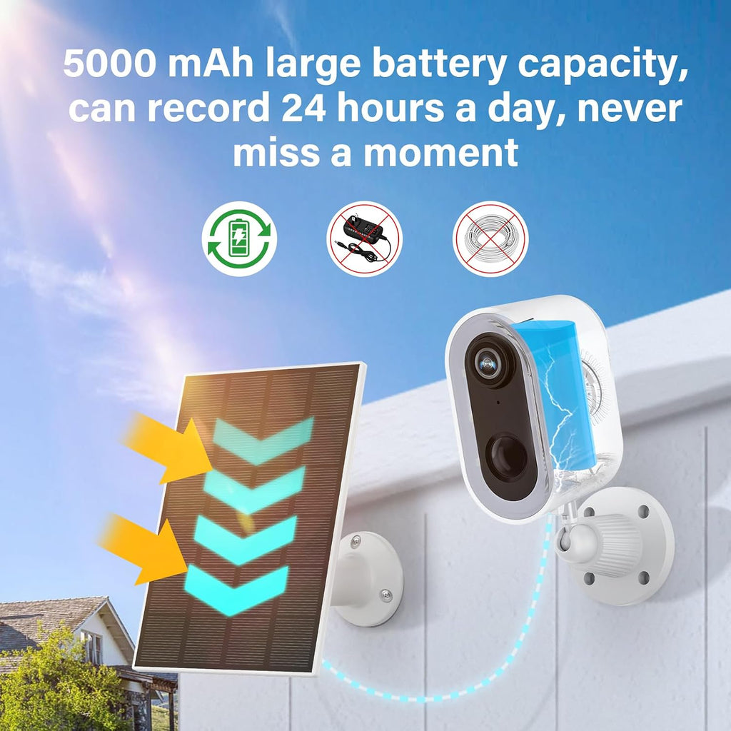 Solar Security Cameras System Wireless Outdoor with Monitor, 2 Cameras Home Surveillance, Color Night Vision, 24/7 Recording, Motion Detection, Weatherproof, Expandable to 10CH, No Monthly Fee (White)
