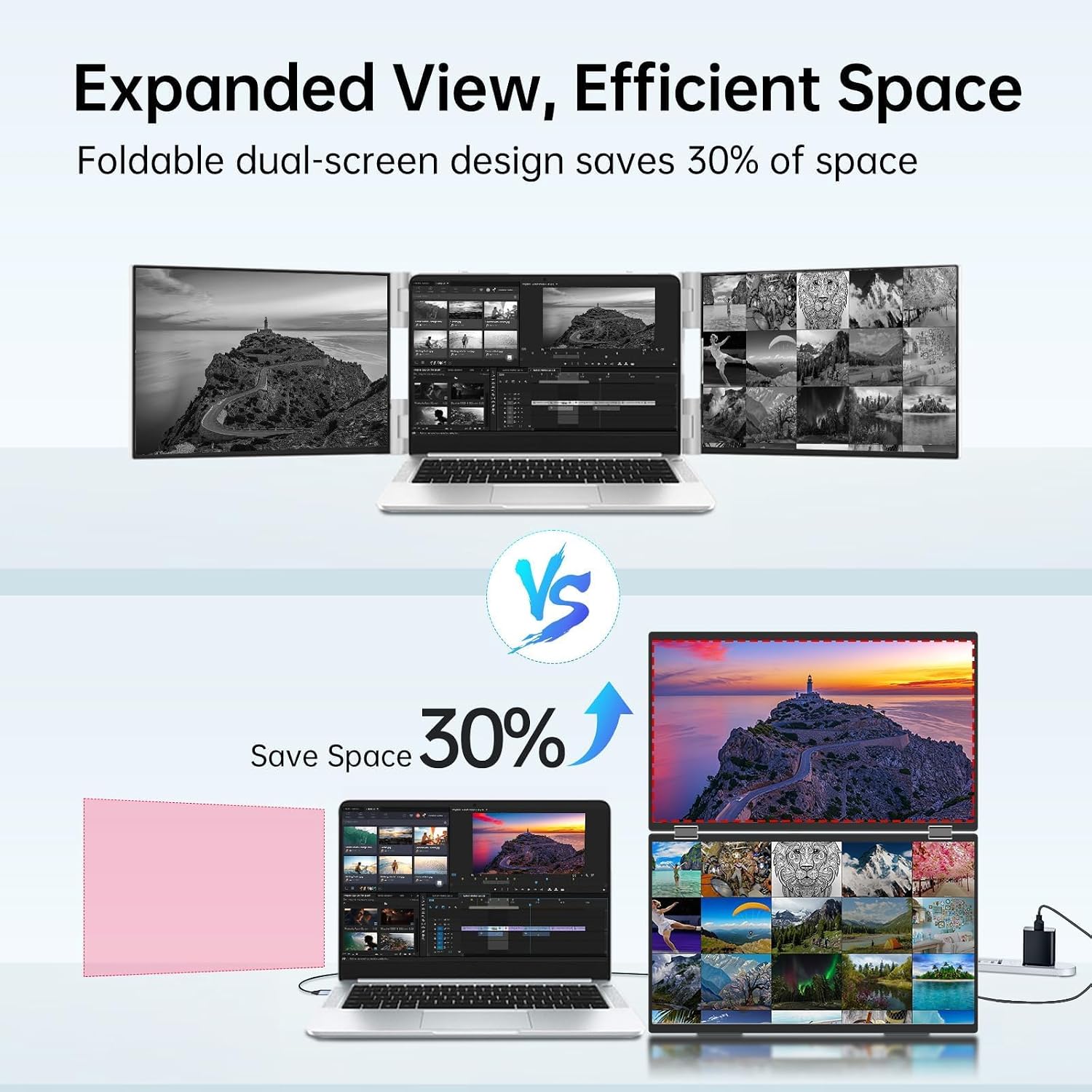 InnoView Dual Portable Monitor 15.6' 1920x1080 Dual Stacked Foldable Monitor | 315° Screen Adjustment | USB-C/HDMI Dual Screen Monitor for Laptop, Mac, Windows