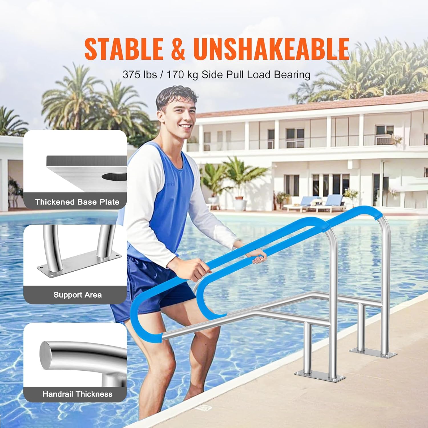 VEVOR Pool Rail 54x36 Pool Railing 304 Stainless Steel 250LBS Load Capacity Silver Rustproof Pool Handrail Humanized Swimming Pool Handrail with Blue Grip Cover & M8 Drill Bit & Self-Taping Screws