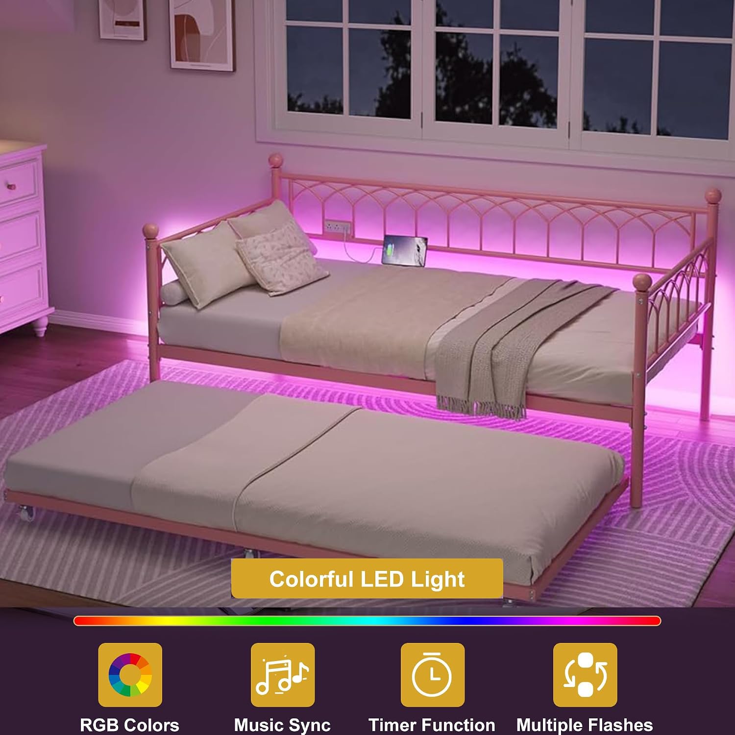 IDEALHOUSE Twin Daybed with Trundle, Day Bed with Charging Station and LED Lights, Heavy Duty Metal Bed Frame, Metal Sofa Bed Frame with Steel Slat Support for Living Room, Bedroom, Apartment, Pink