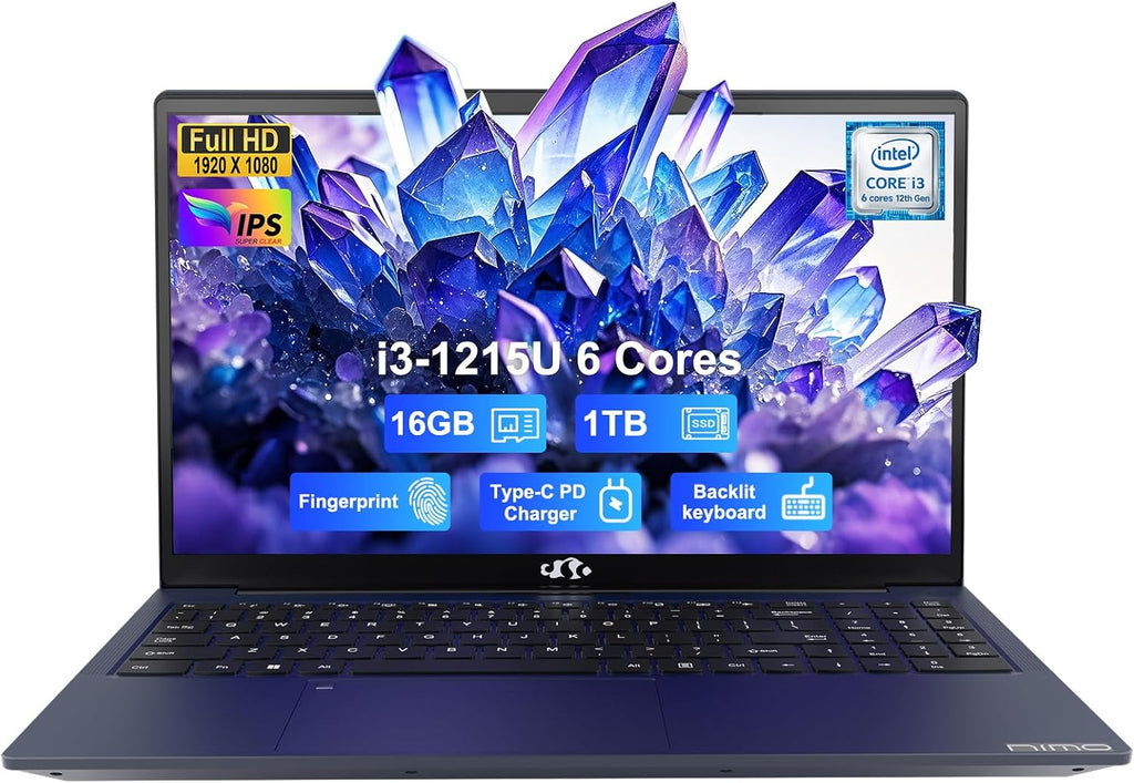 NIMO 15.6' IPS FHD-Business-Laptop, Intel 6 Core i3-1215U 16GB RAM 1TB SSD (Beat i5-1135G7, Up to 4.4GHz) Laptop-Computer with Fingerprint Backlit Keyboard 65W Type C Wi-Fi 6 Numpad Win 11