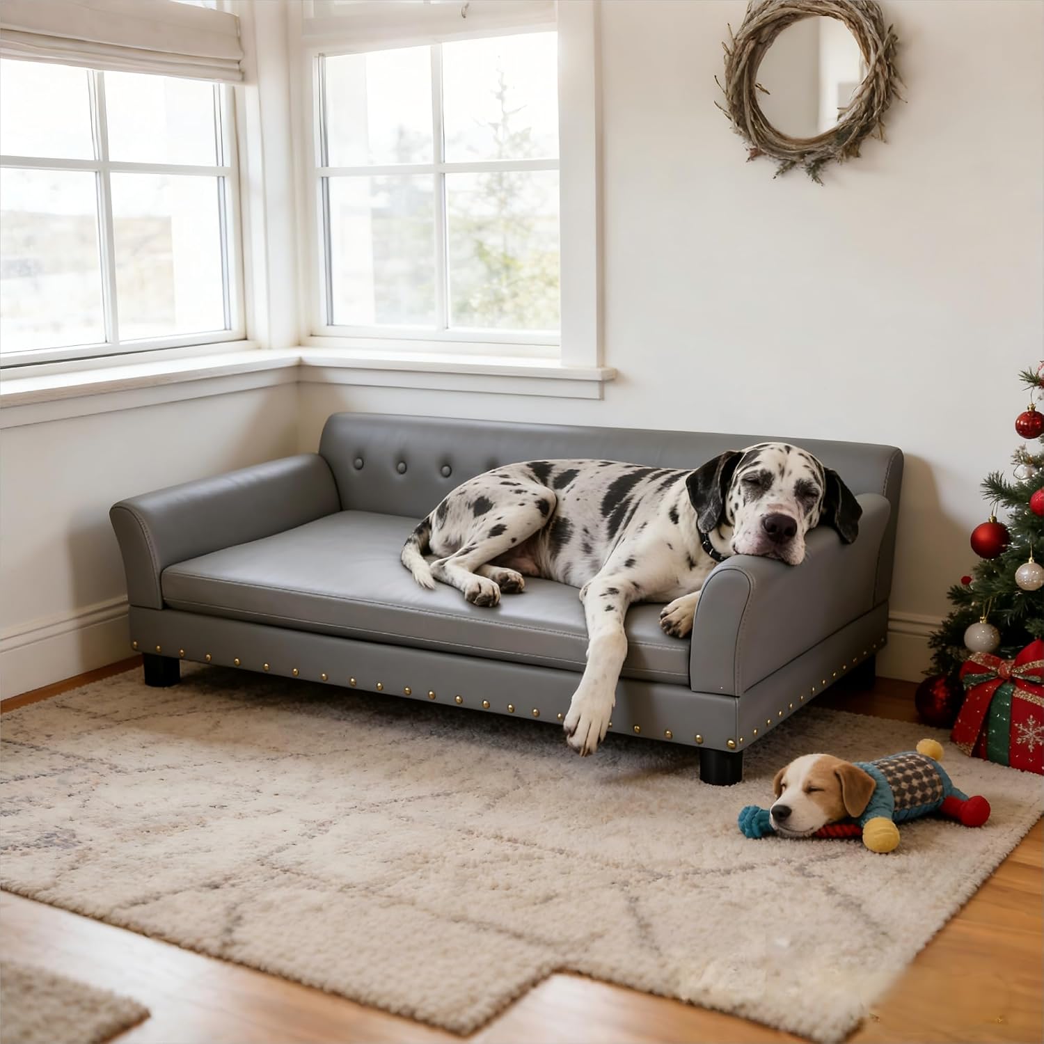 BingoPaw Large Leather Dog Sofa: Jumbo Pet Couch Made by Scratching Resistant Microfiber Leather - Indoor Elevated Dogs Chaise Bed for Doggy up to 120lbs