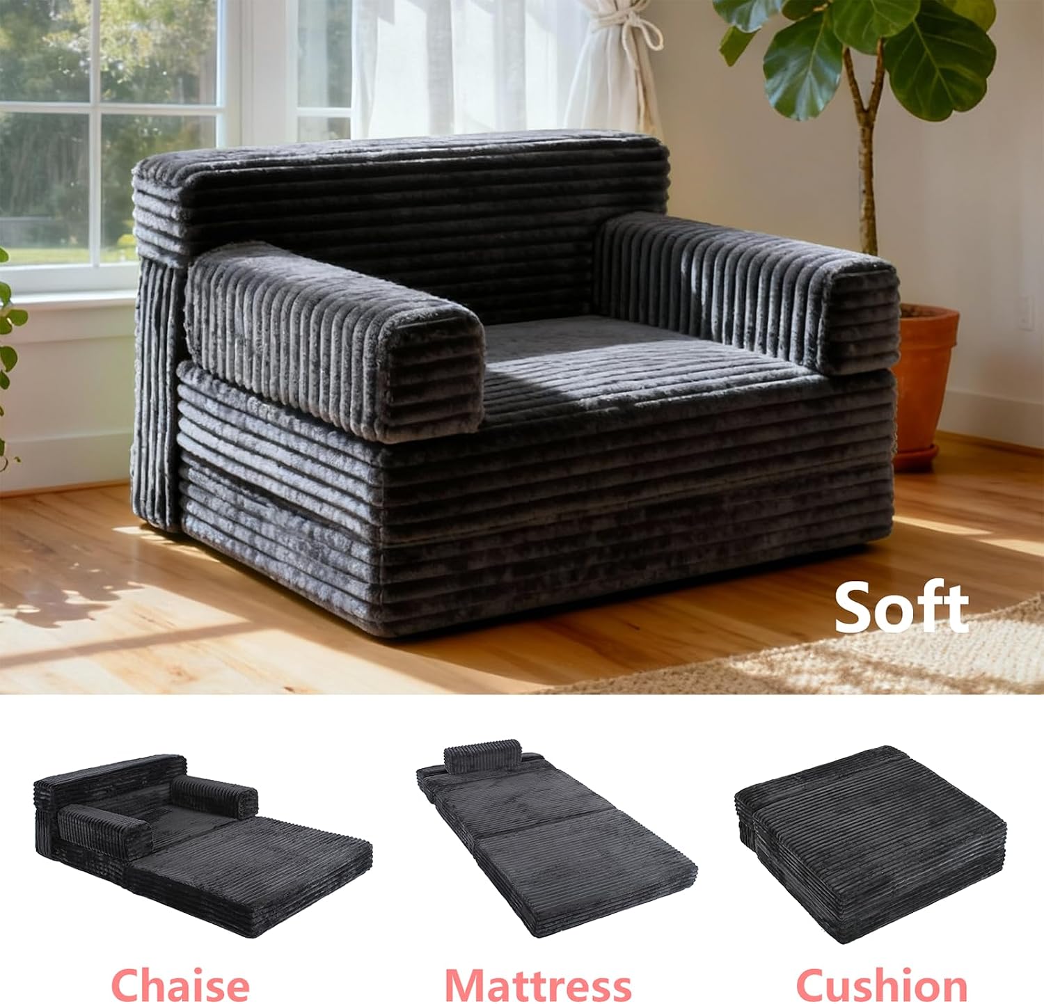 YEPDIN Folding Sofa Bed,Convertible Sofa Bed with Armrest Foldable Sleeper Chair, Portable Folding 4-in-1 Floor Sofa with Convertible Lounge Chair for Living Room,Bedroom,Washable Cover,Black Single