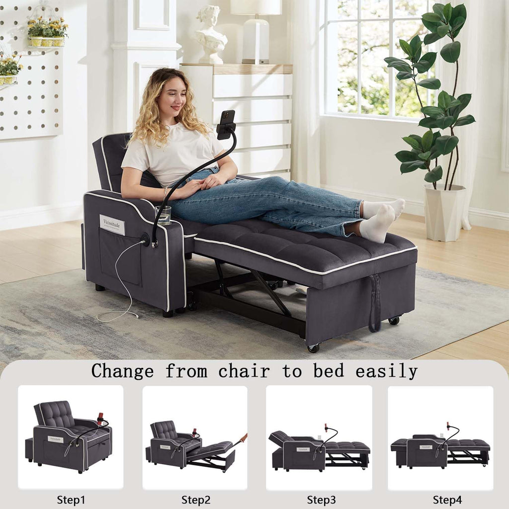 Convertible Sofa Bed, 3 in 1 Futon Sofa Bed with USB Charging Ports, Cup Holder, Phone Stand & Pocket, Modern Upholstered Sleeper Sofa for Living Room, Apartment or Small Space (Grey)