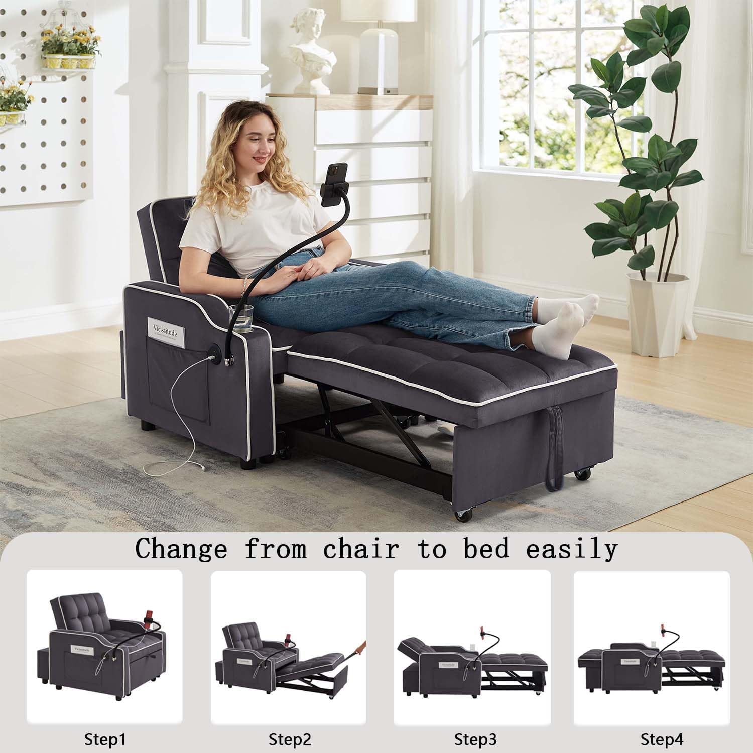 Convertible Sofa Bed, 3 in 1 Futon Sofa Bed with USB Charging Ports, Cup Holder, Phone Stand & Pocket, Modern Upholstered Sleeper Sofa for Living Room, Apartment or Small Space (Grey)
