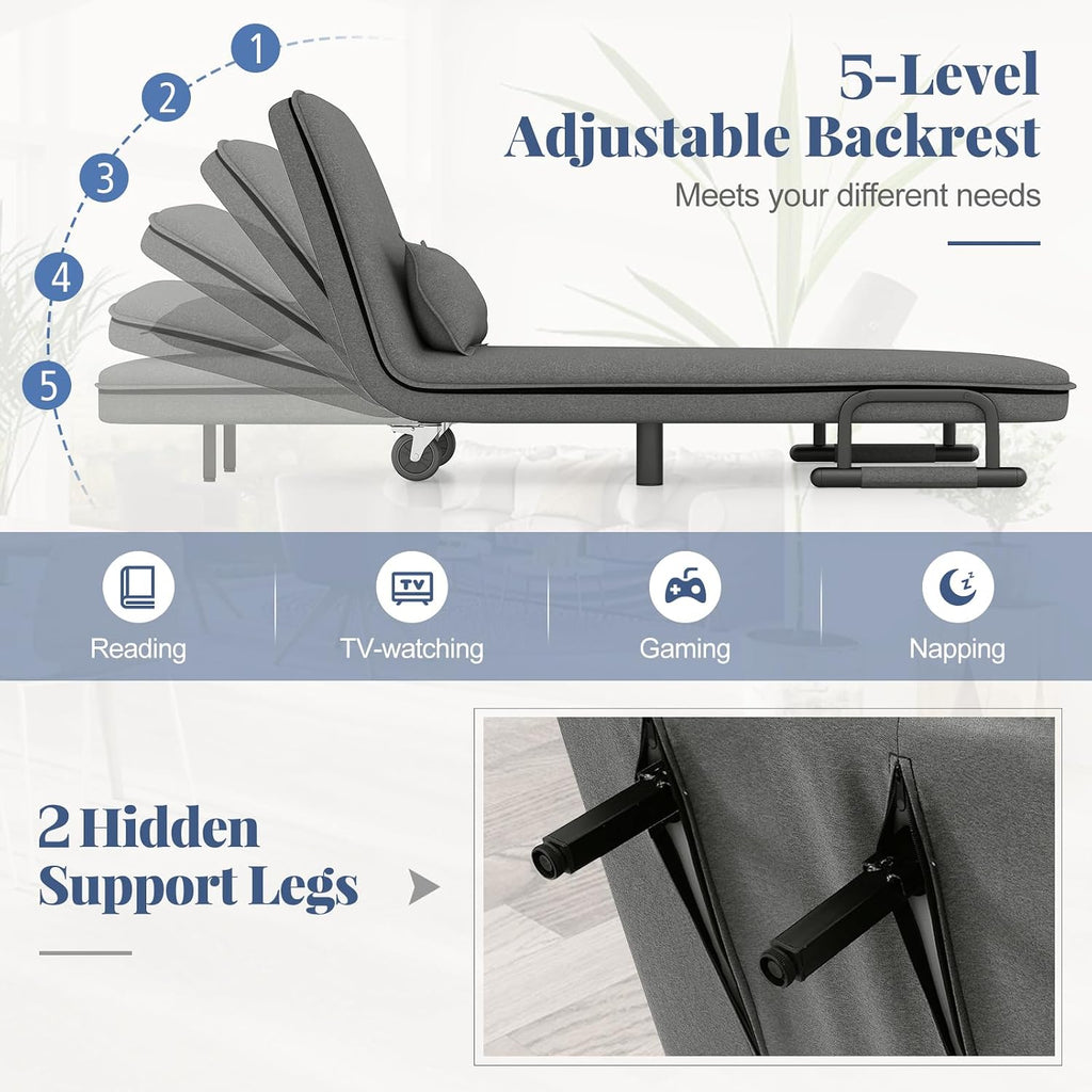 Giantex Convertible Sofa Bed, 3-in-1 Folding Sleeper Chair with 5-Position Adjustable Backrest, Wheels, 2 Legs, Recliner Chaise Lounge with Pillow, Armchairs for Nursery Living Room Office (Gray)