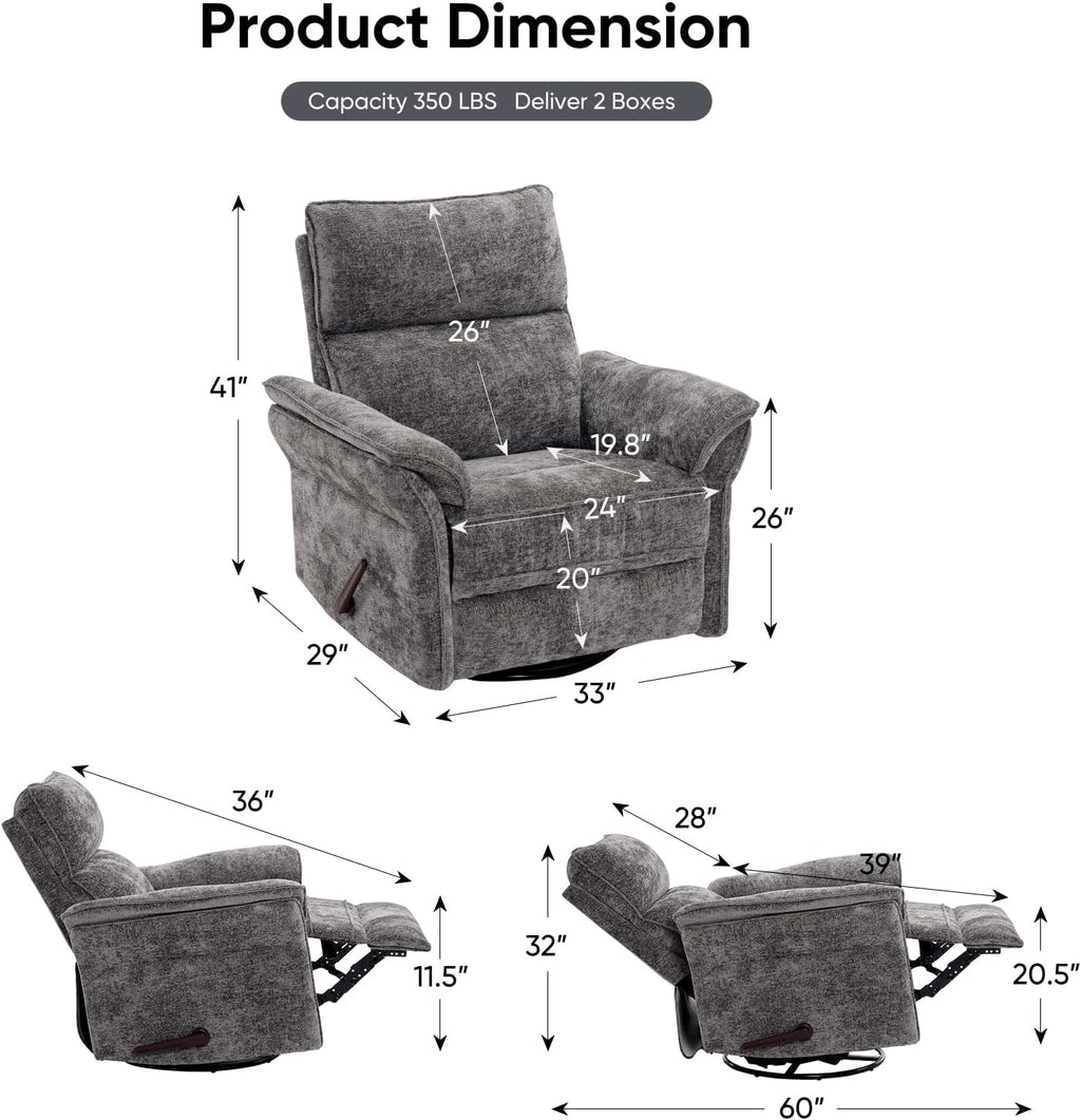 Rocking Chair Nursery with Adjustable Headrest,Manual Swivel Rocker Recliner Nursery Chair with Overstuffed Armrest,Glider Rocker Recliner for Living Room & Bedroom,Grey
