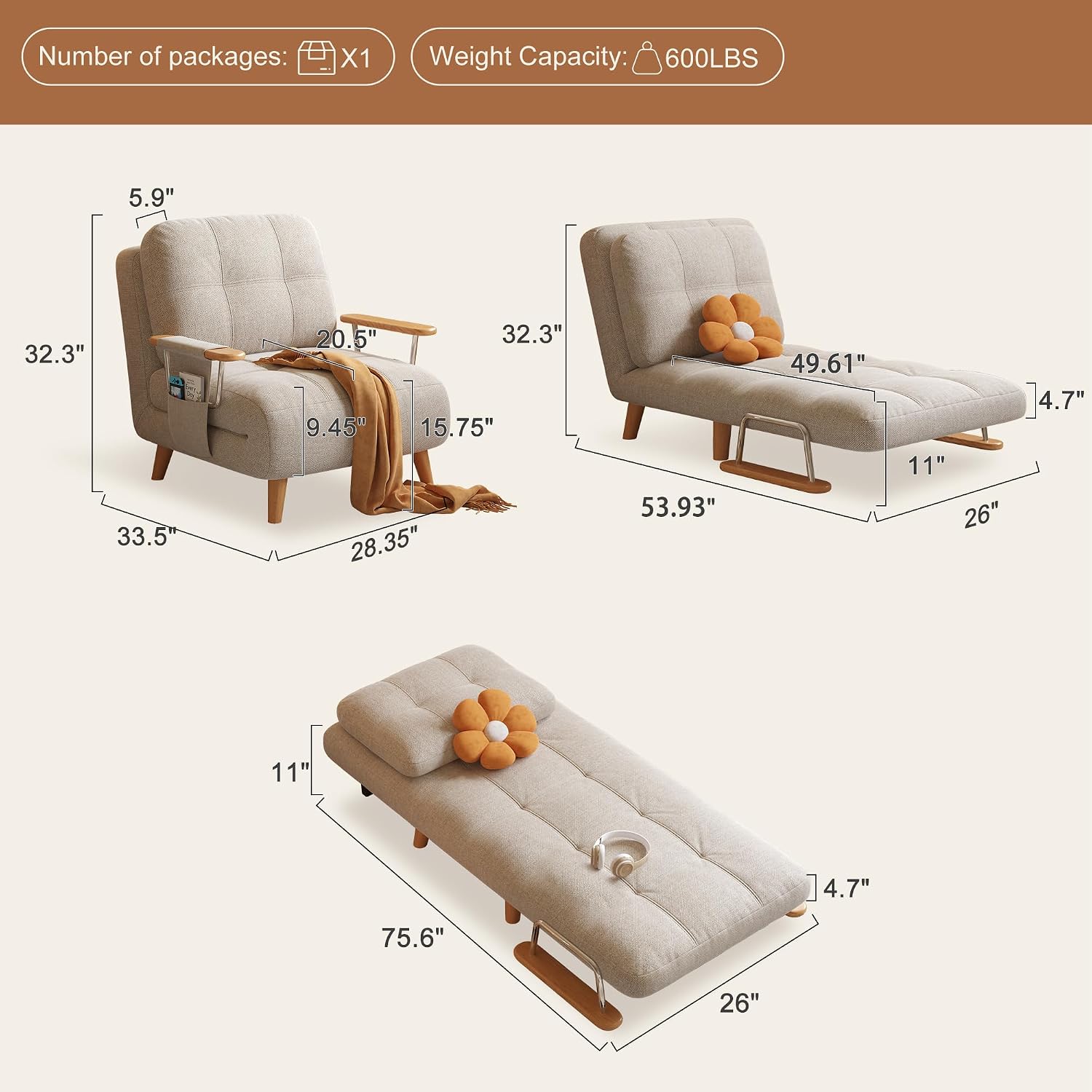 5-in-1 Convertible Chair Bed Sleeper, 5-Position Adjustable Backrest & Storage, 28' Compact Modern Sleeper Chair for Small Spaces, Guest Room, Living Room (Single Sofa bed-28.35')