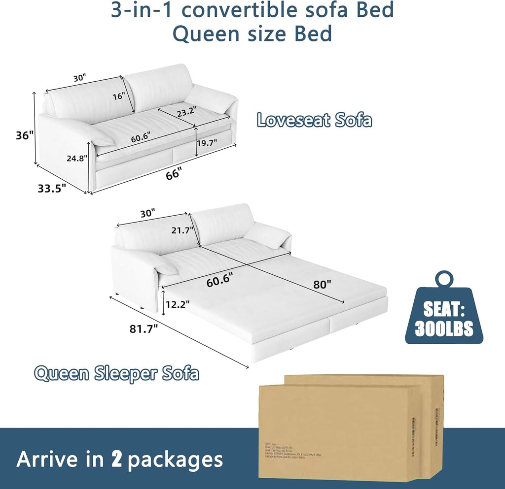 63.8' Sofa Bed Queen Size, Pull Out Couch Bed, 3-in-1 Convertible Sleeper Sofa with Side Pocket, Modern Velvet Futon Couch for Living Room, Small Space, Apartment, Bedroom, Blue