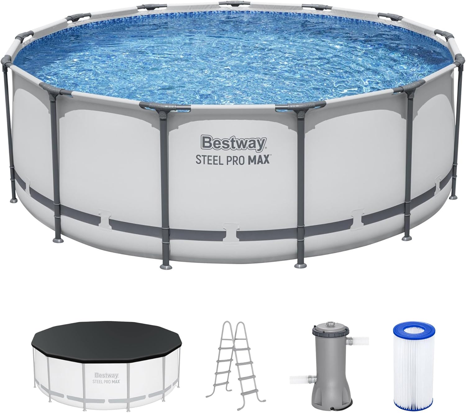 Bestway Steel Pro MAX 13' x 48' Above Ground Pool, Round Metal Frame Outdoor Swimming Pool Set with Filter Pump, Ladder, and Cover, Gray