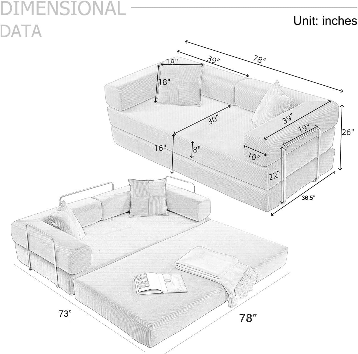 HANXIN 78 Inch Convertible Sleeper Sofa Bed, Folding Floor Mattress Couch with Fixed-Shape Frame, Futon Boneless Couch Lounge Loveseat with Pull Out Bed, No Assembly Required (Black)